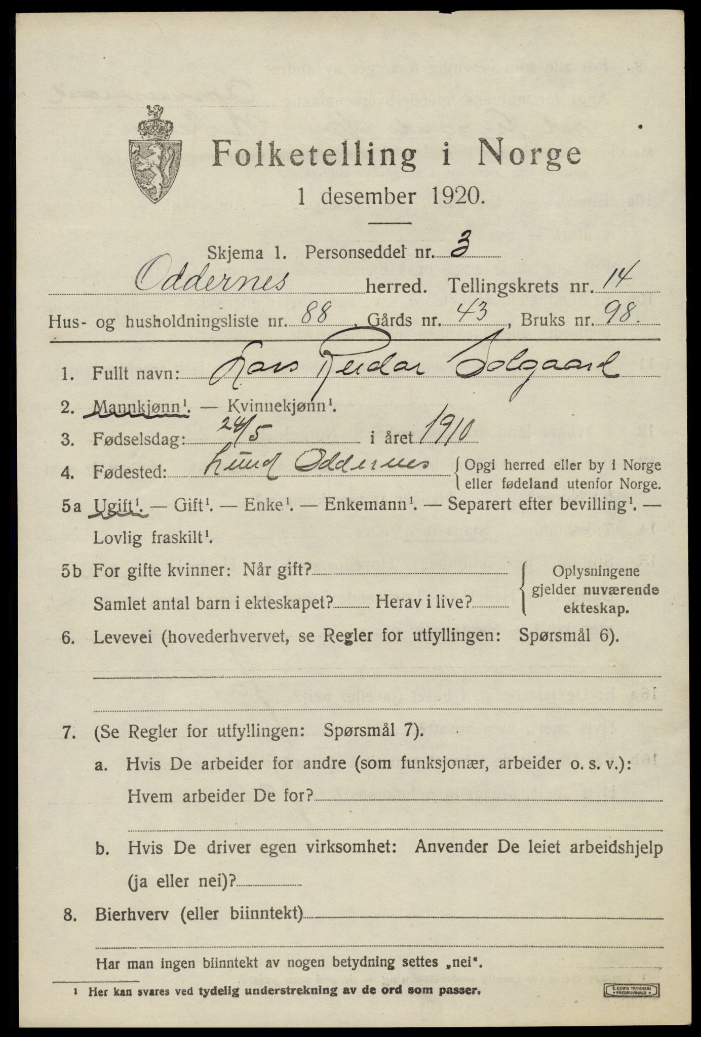 SAK, 1920 census for Oddernes, 1920, p. 9647
