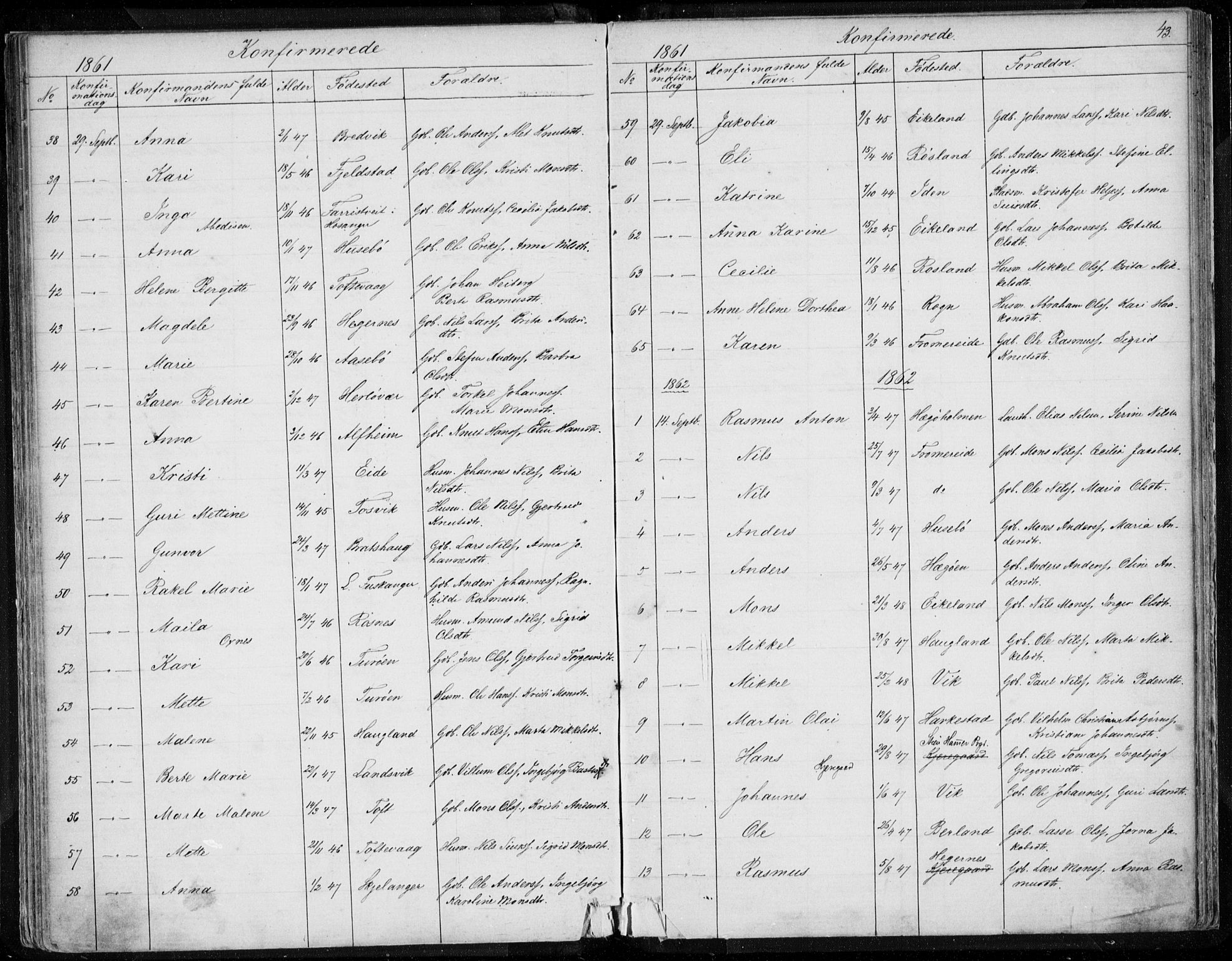 Herdla Sokneprestembete, AV/SAB-A-75701/H/Haa: Parish register (official) no. A 1, 1855-1869, p. 43