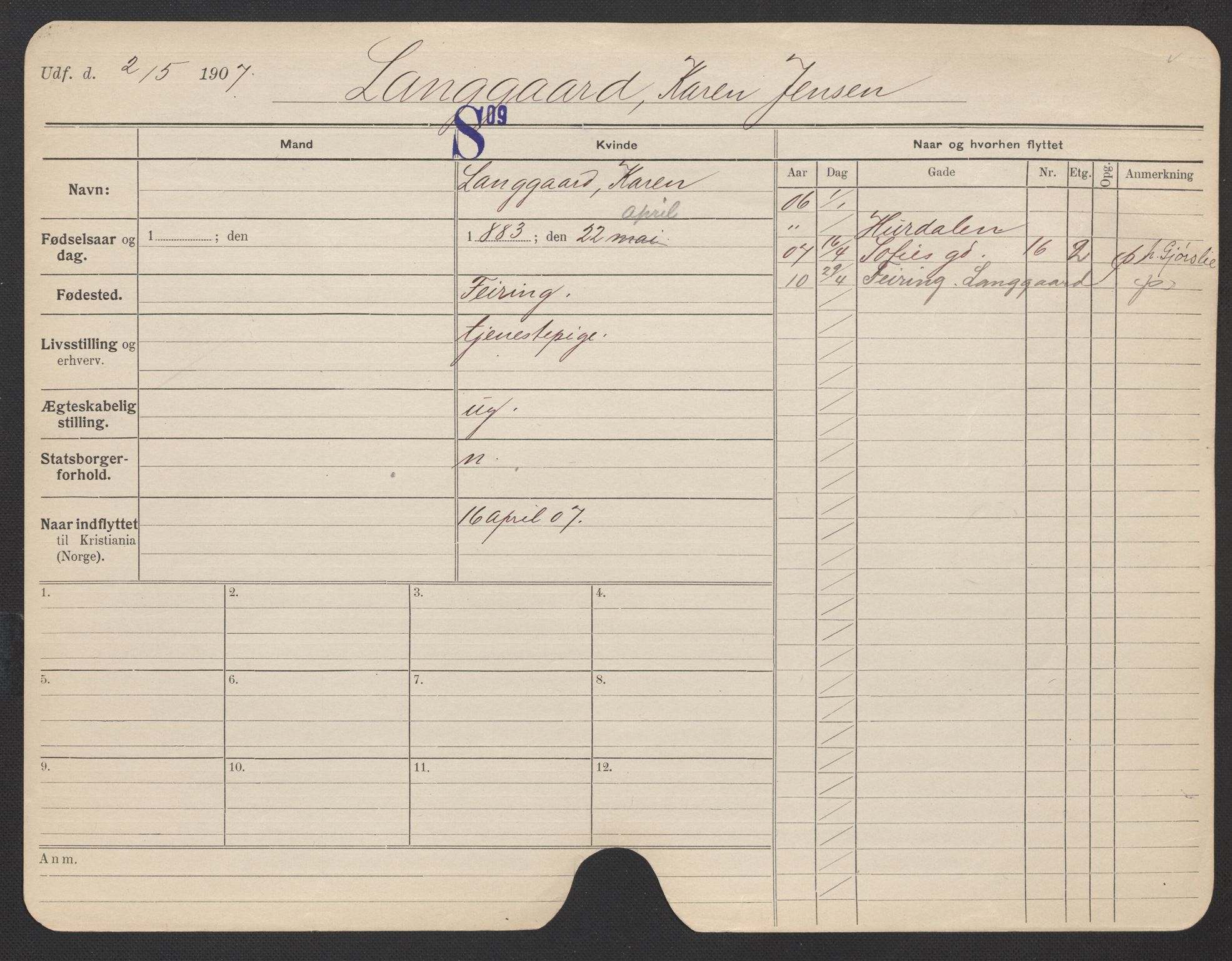 Oslo folkeregister, Registerkort, AV/SAO-A-11715/F/Fa/Fac/L0019: Kvinner, 1906-1914, p. 747a