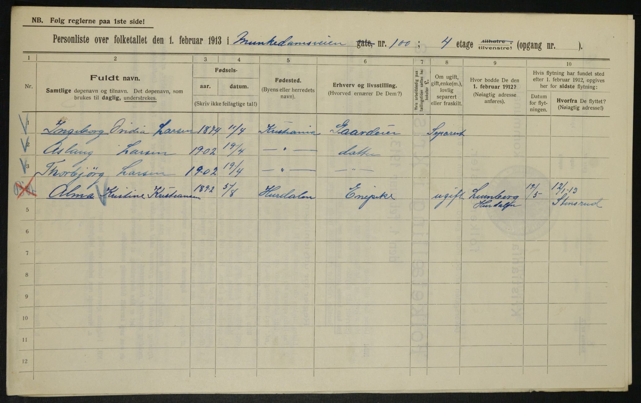 OBA, Municipal Census 1913 for Kristiania, 1913, p. 67872