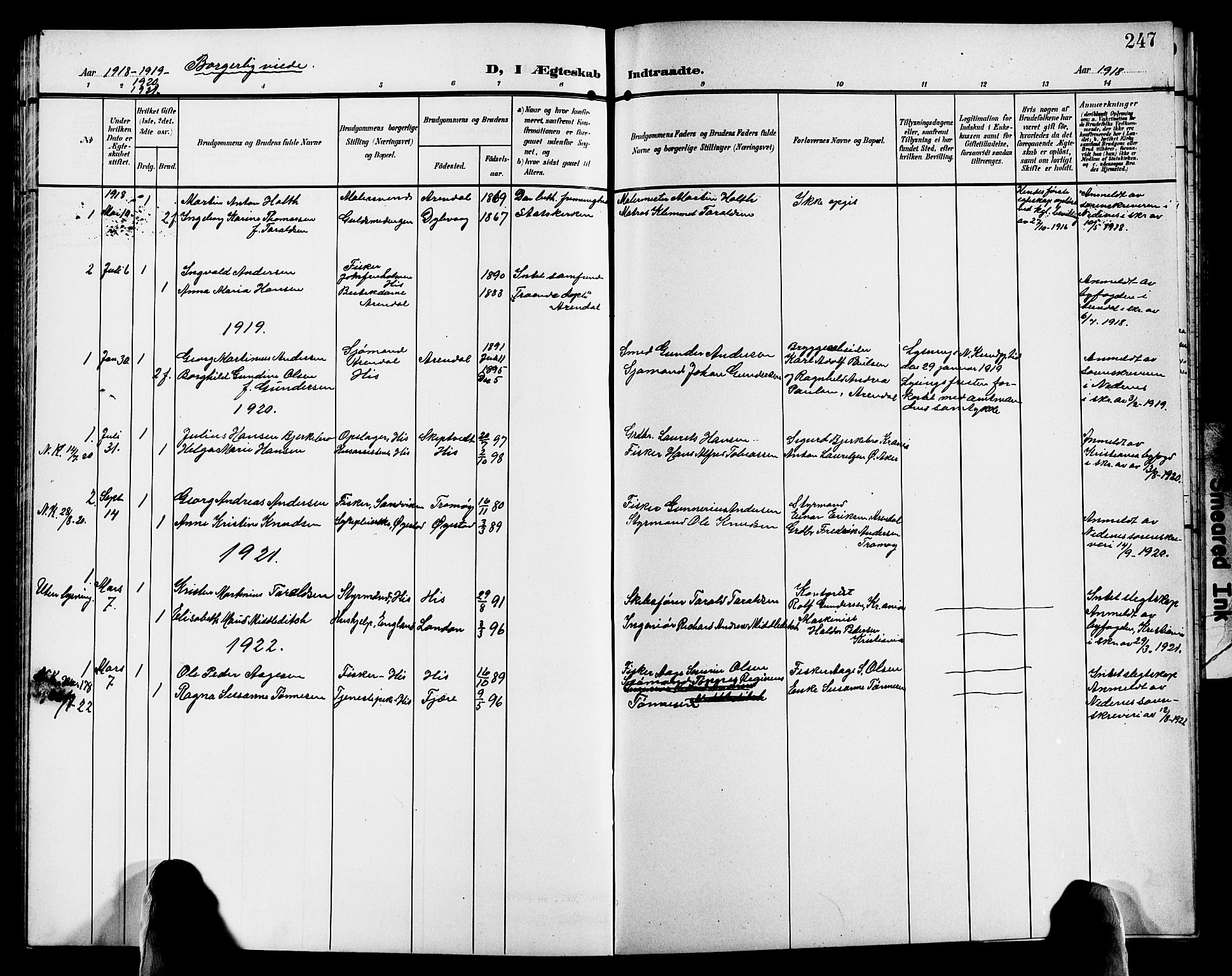 Hisøy sokneprestkontor, SAK/1111-0020/F/Fb/L0004: Parish register (copy) no. B 4, 1905-1923, p. 247