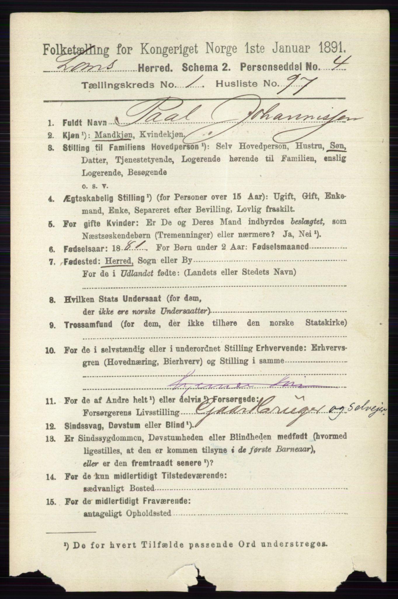 RA, 1891 census for 0514 Lom, 1891, p. 712