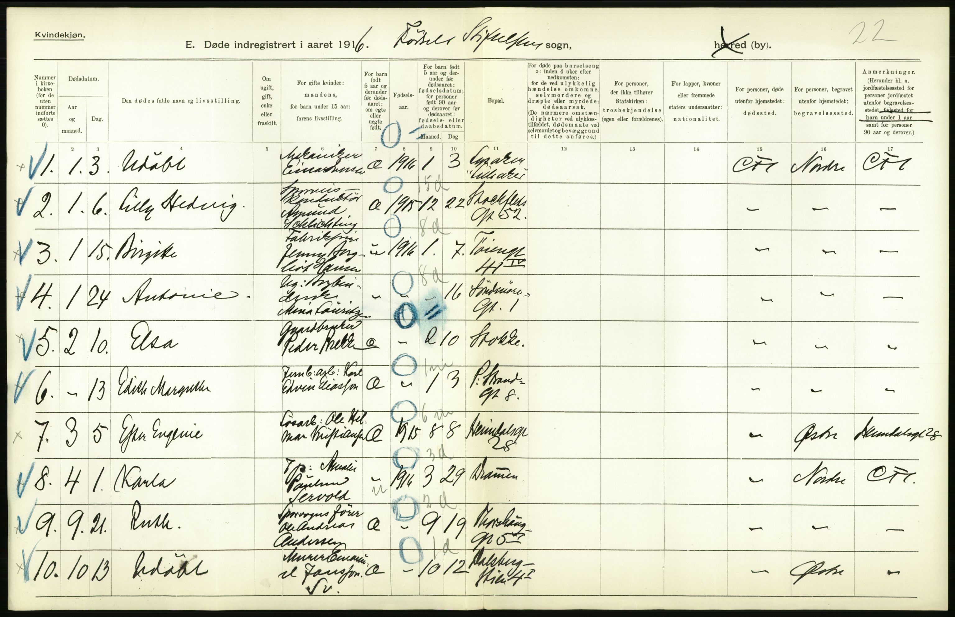 Statistisk sentralbyrå, Sosiodemografiske emner, Befolkning, AV/RA-S-2228/D/Df/Dfb/Dfbf/L0009: Kristiania: Døde., 1916, p. 580