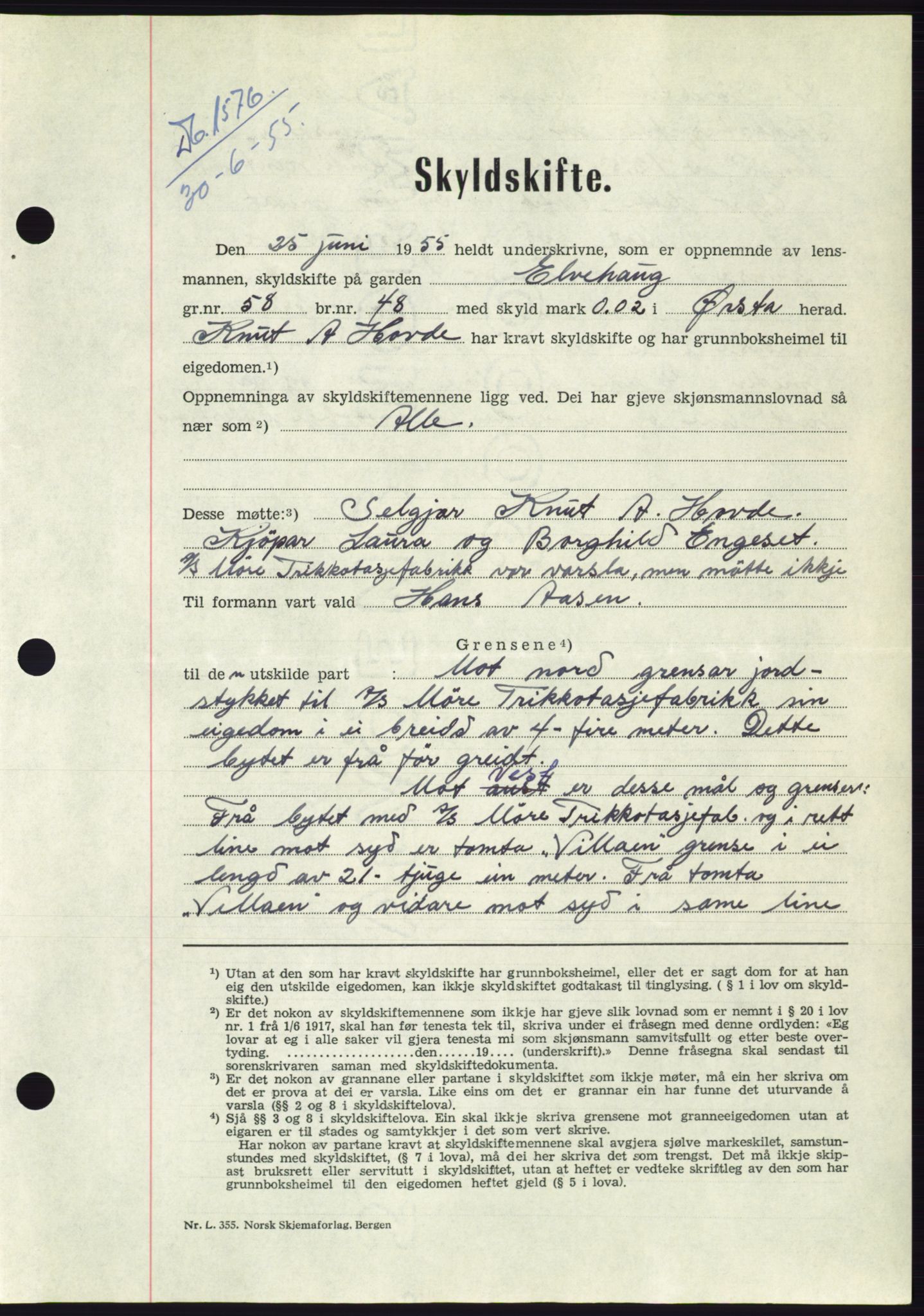 Søre Sunnmøre sorenskriveri, AV/SAT-A-4122/1/2/2C/L0101: Mortgage book no. 27A, 1955-1955, Diary no: : 1576/1955