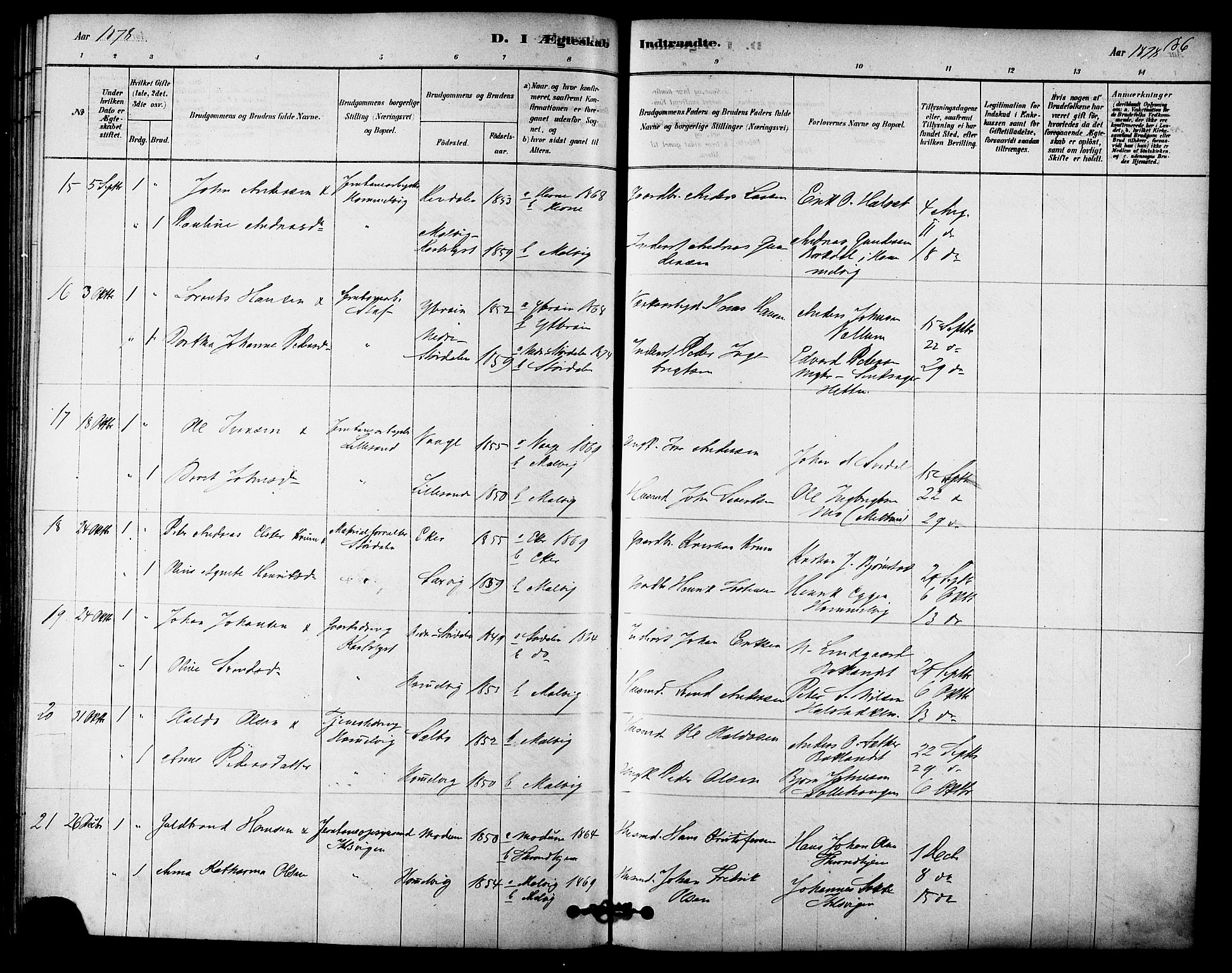 Ministerialprotokoller, klokkerbøker og fødselsregistre - Sør-Trøndelag, AV/SAT-A-1456/616/L0410: Parish register (official) no. 616A07, 1878-1893, p. 186