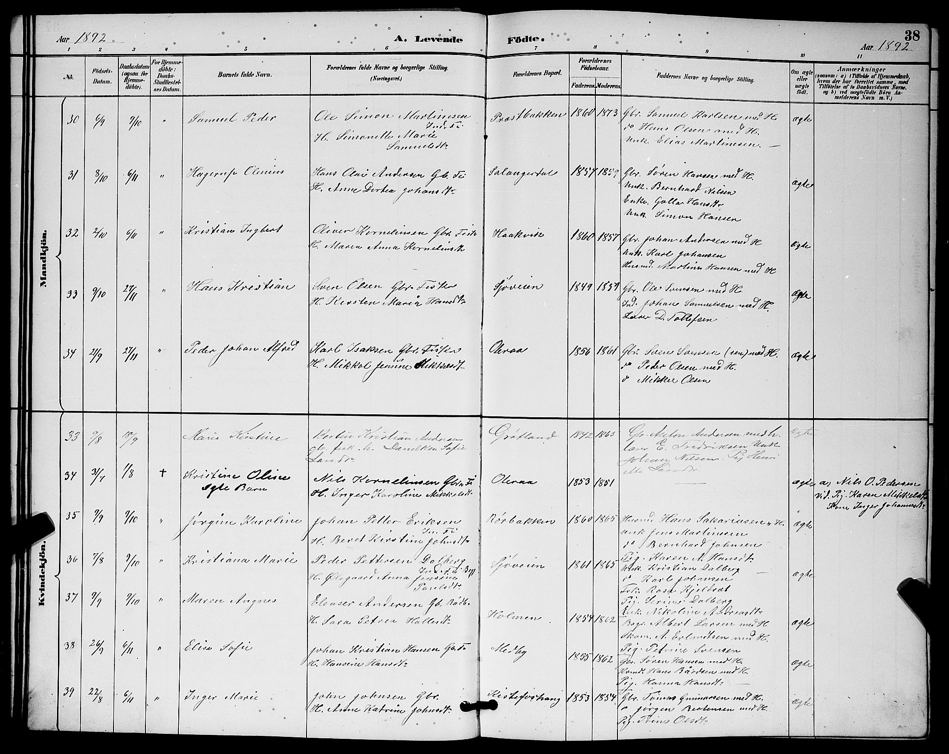 Ibestad sokneprestembete, AV/SATØ-S-0077/H/Ha/Hab/L0015klokker: Parish register (copy) no. 15, 1888-1899, p. 38