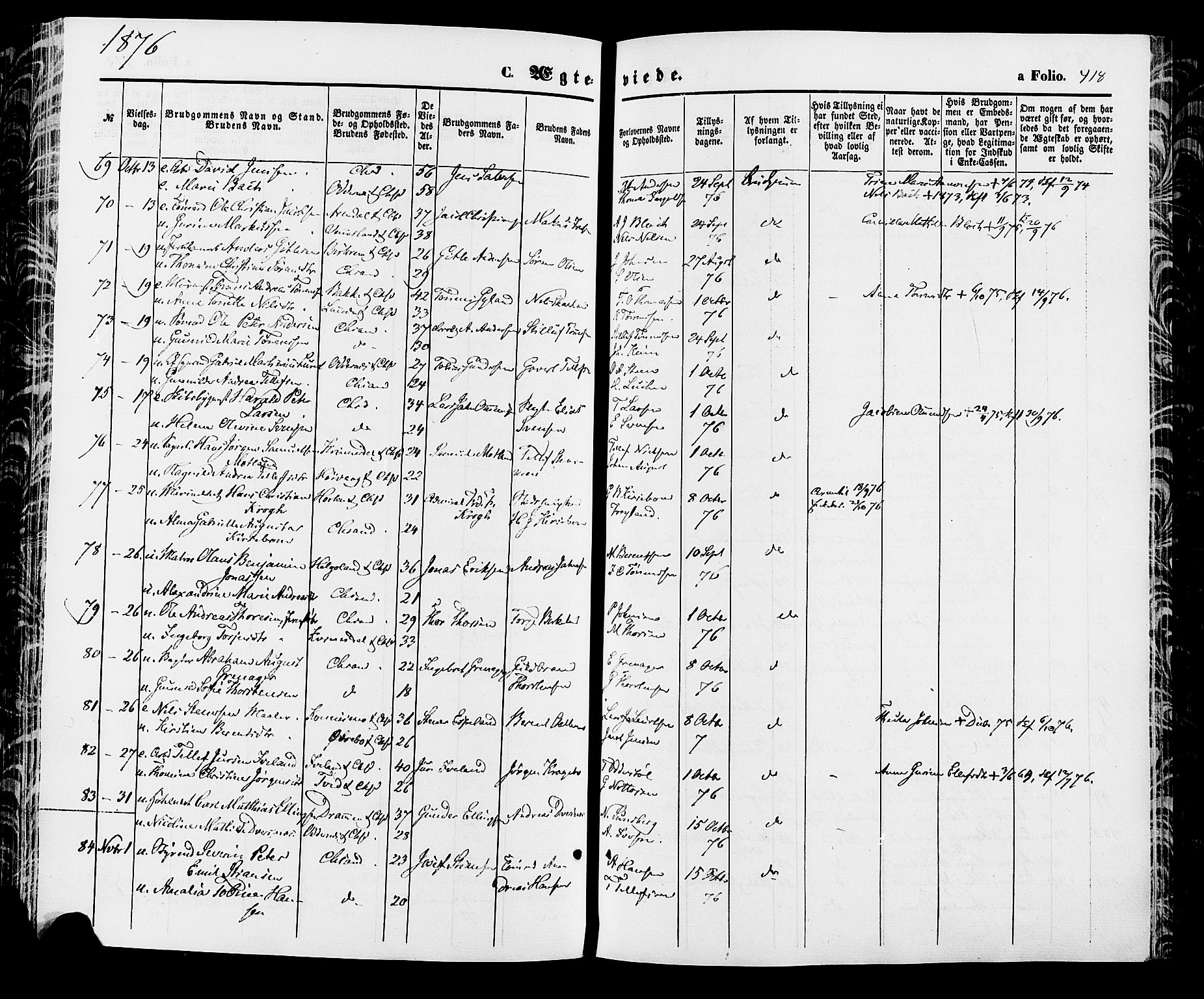Kristiansand domprosti, SAK/1112-0006/F/Fa/L0015: Parish register (official) no. A 15, 1867-1880, p. 418