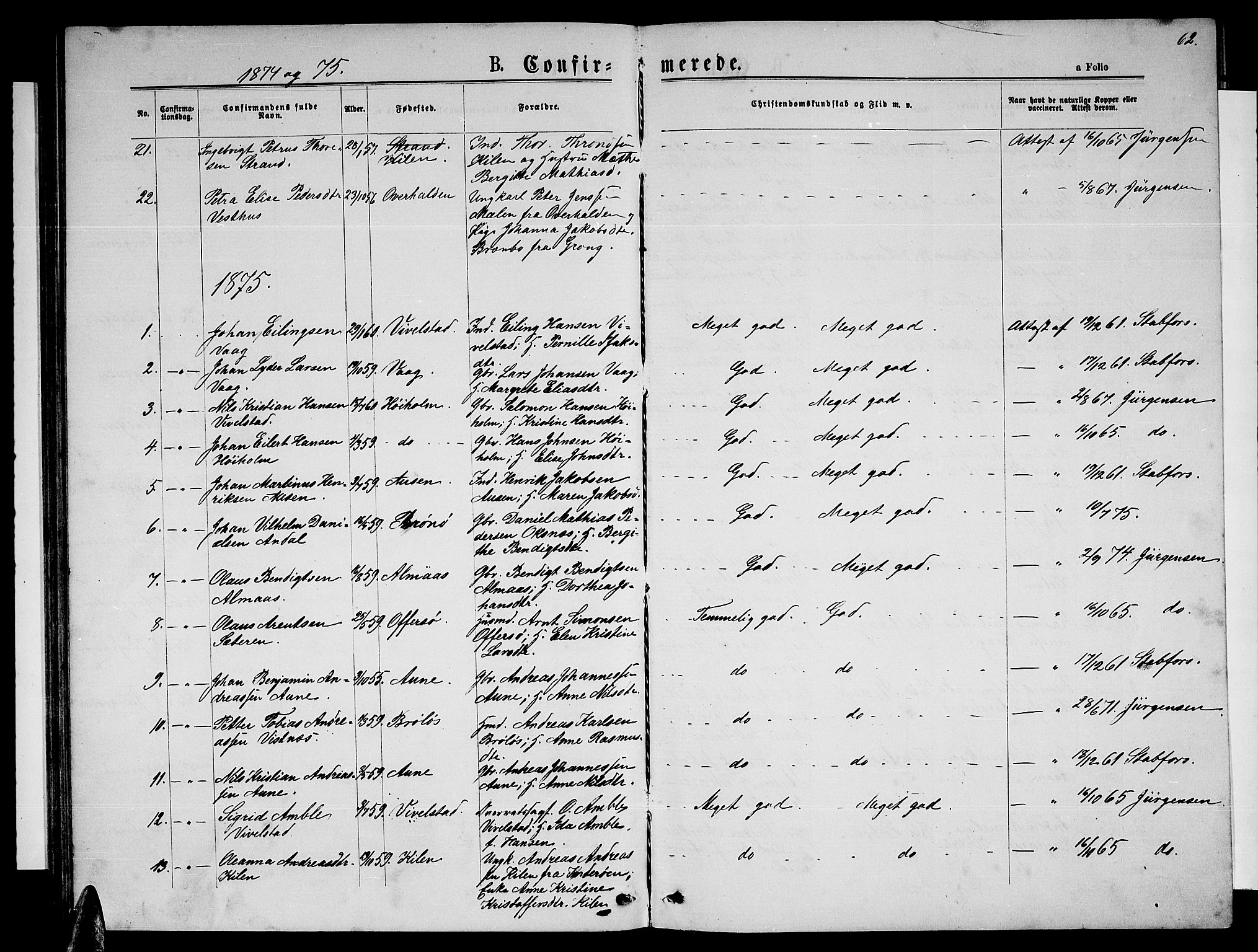 Ministerialprotokoller, klokkerbøker og fødselsregistre - Nordland, SAT/A-1459/819/L0276: Parish register (copy) no. 819C02, 1869-1887, p. 62