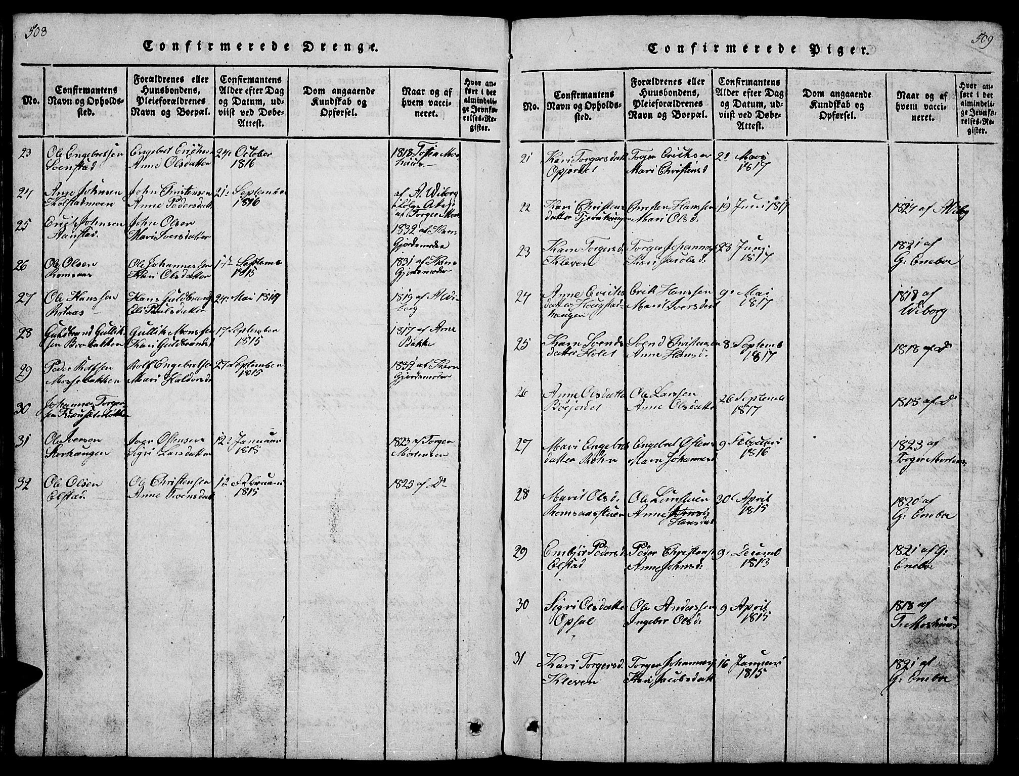 Ringebu prestekontor, AV/SAH-PREST-082/H/Ha/Hab/L0001: Parish register (copy) no. 1, 1821-1839, p. 508-509