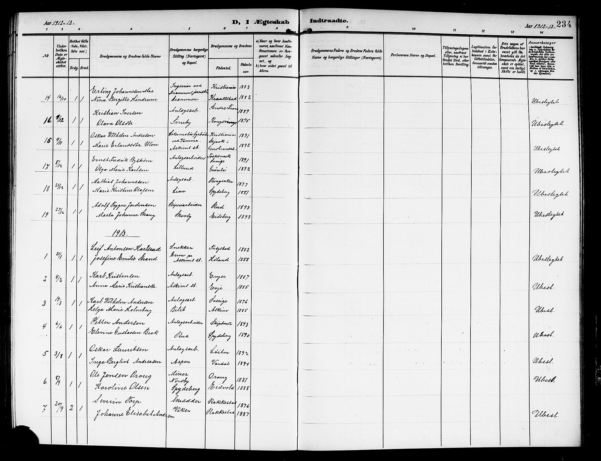 Askim prestekontor Kirkebøker, AV/SAO-A-10900/G/Ga/L0002: Parish register (copy) no. 2, 1903-1921, p. 234