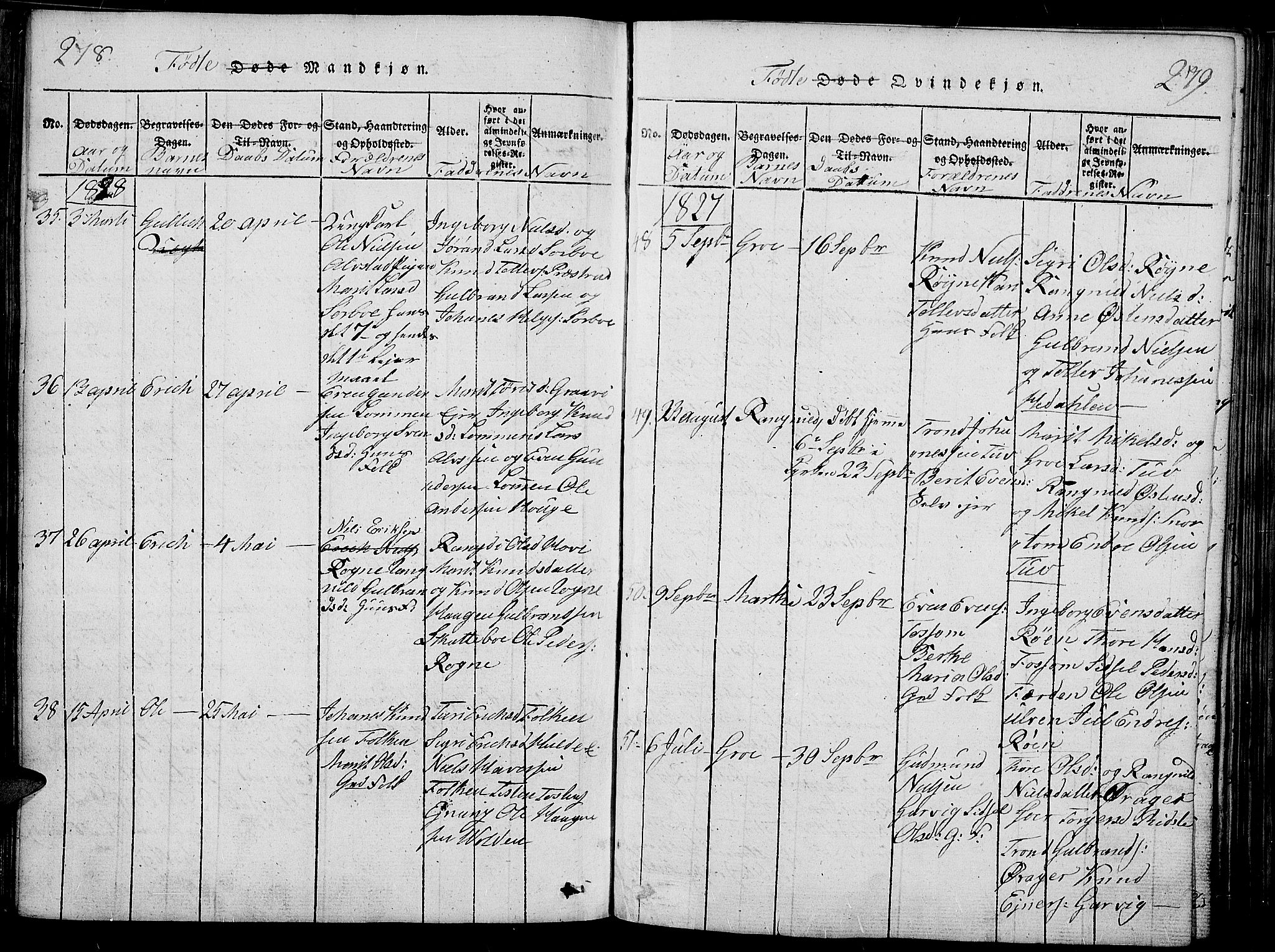 Slidre prestekontor, SAH/PREST-134/H/Ha/Haa/L0002: Parish register (official) no. 2, 1814-1830, p. 278-279