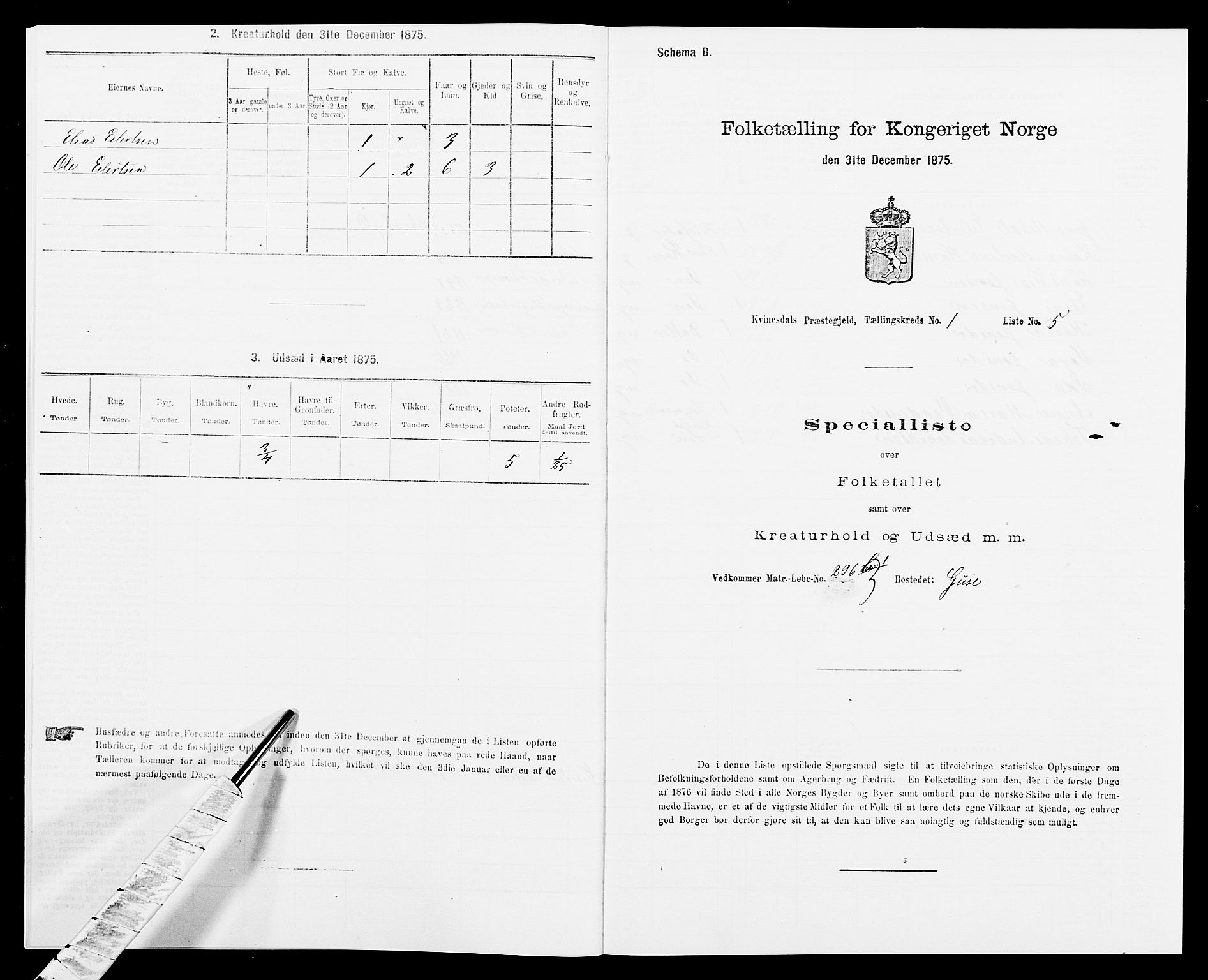 SAK, 1875 census for 1037P Kvinesdal, 1875, p. 99