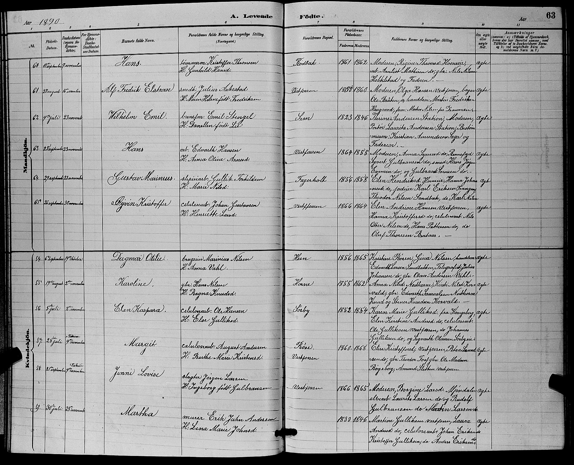 Eiker kirkebøker, AV/SAKO-A-4/G/Ga/L0006: Parish register (copy) no. I 6, 1885-1893, p. 63