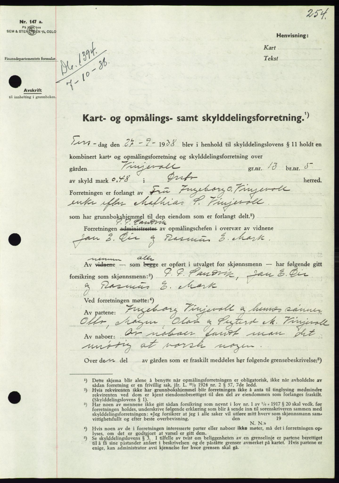 Søre Sunnmøre sorenskriveri, AV/SAT-A-4122/1/2/2C/L0066: Mortgage book no. 60, 1938-1938, Diary no: : 1394/1938