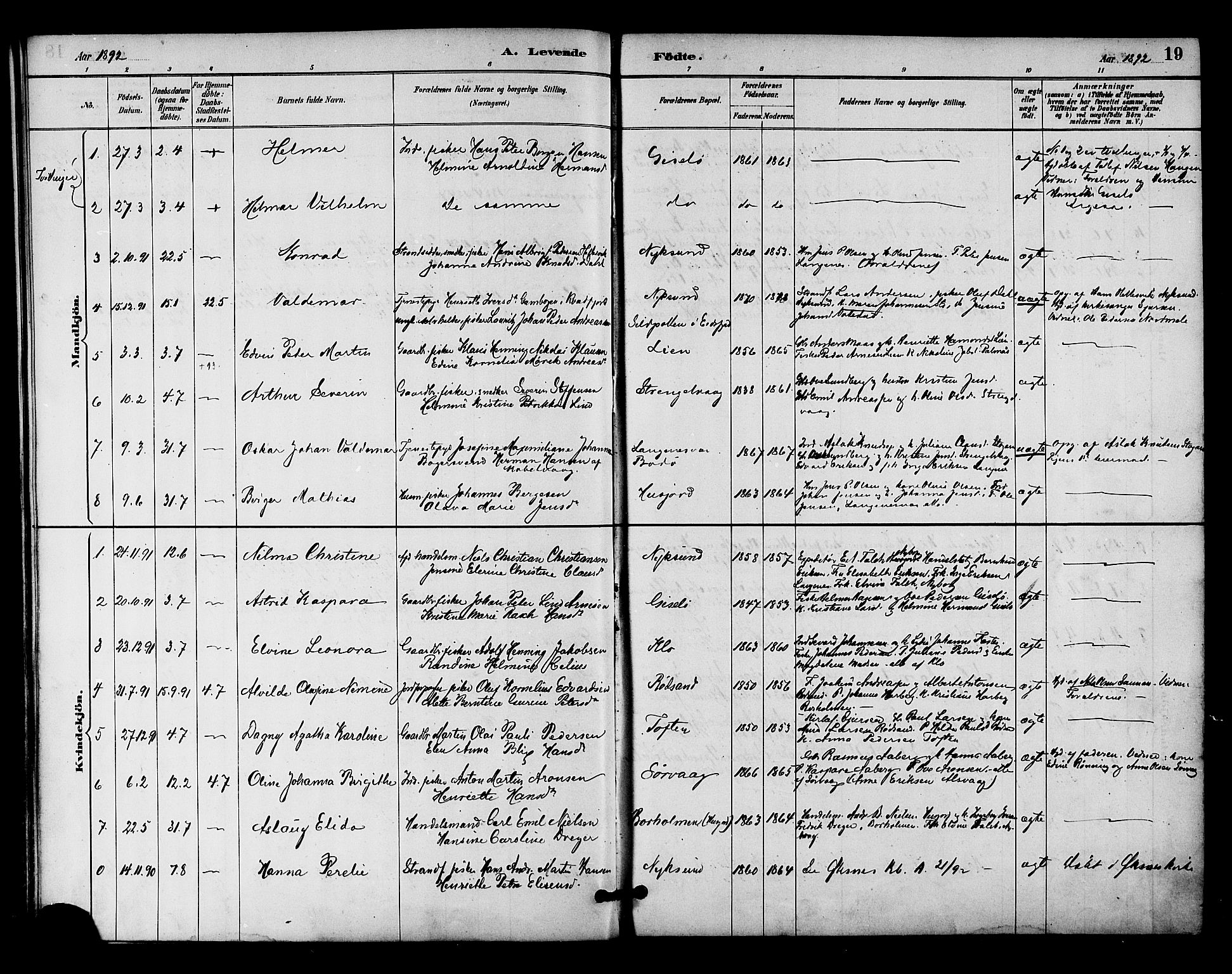 Ministerialprotokoller, klokkerbøker og fødselsregistre - Nordland, SAT/A-1459/894/L1355: Parish register (official) no. 894A01, 1885-1896, p. 19
