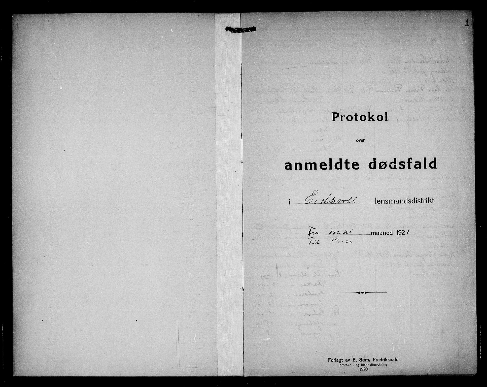 Eidsvoll lensmannskontor, SAO/A-10266a/H/Ha/Haa/L0005: Dødsfallprotokoll, 1921-1930, p. 1