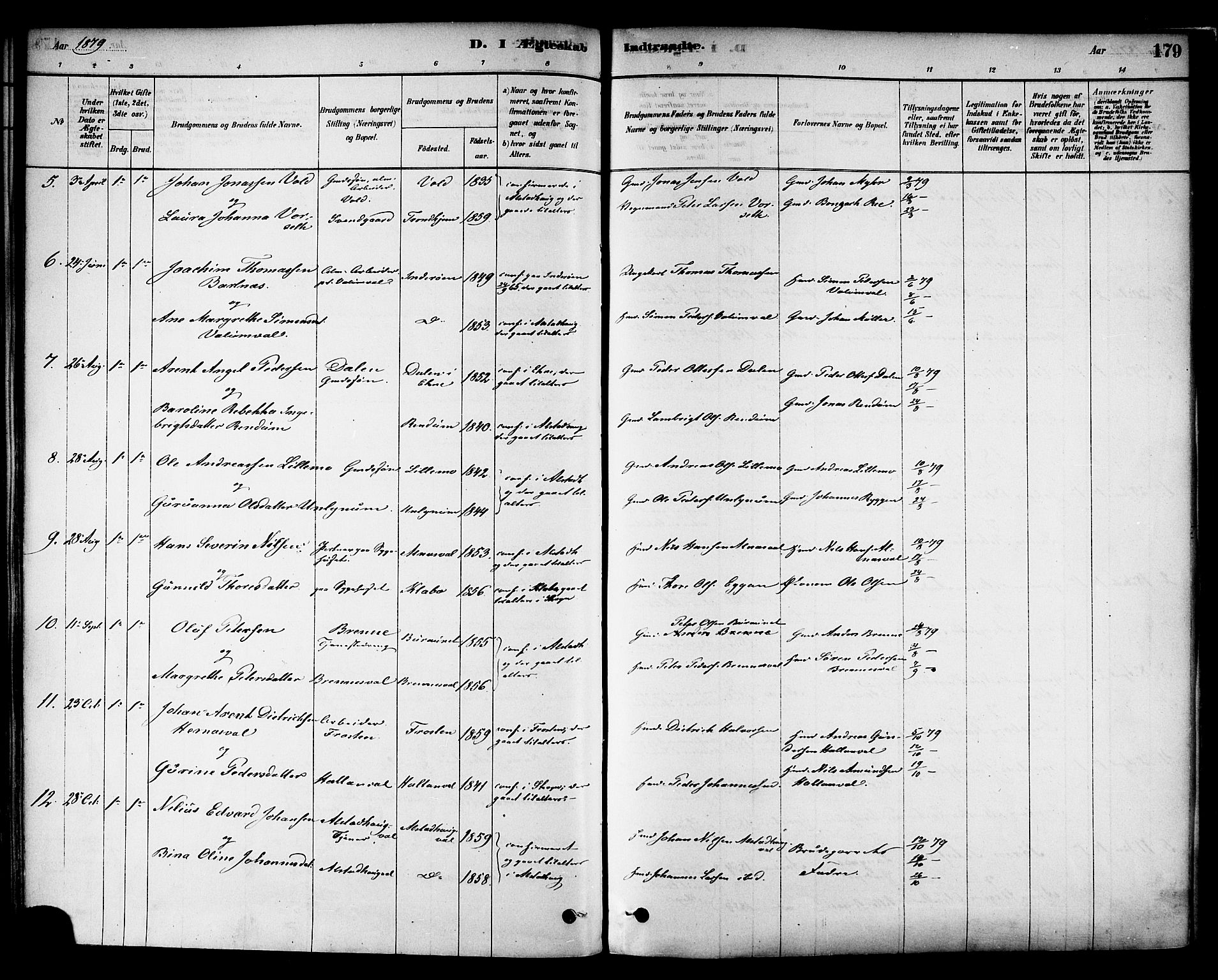 Ministerialprotokoller, klokkerbøker og fødselsregistre - Nord-Trøndelag, AV/SAT-A-1458/717/L0159: Parish register (official) no. 717A09, 1878-1898, p. 179