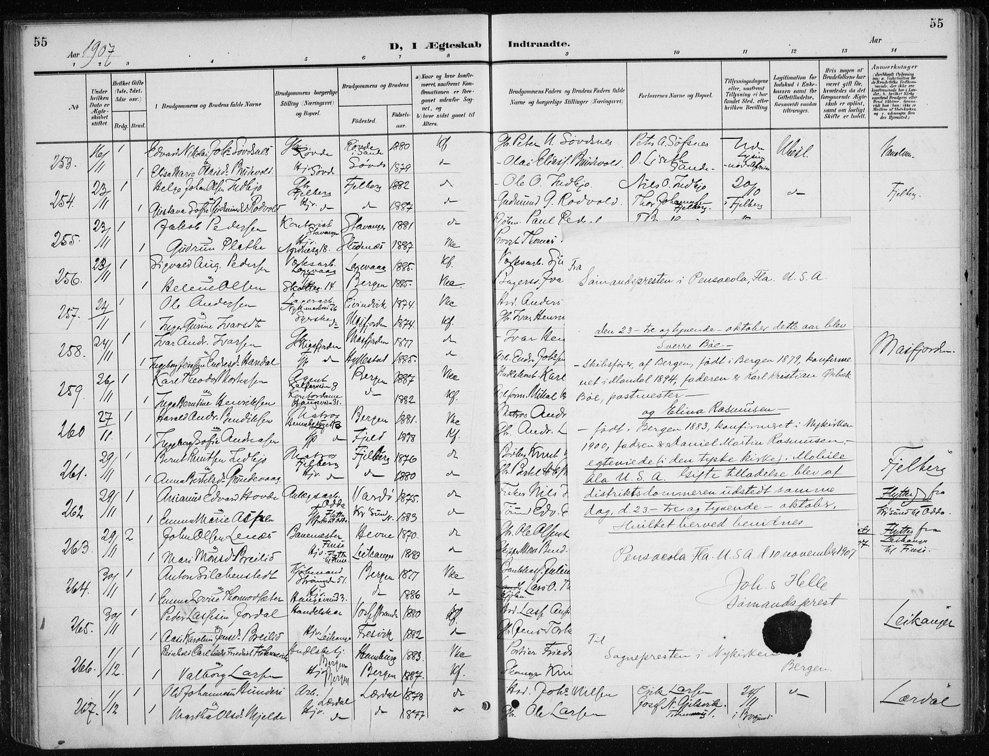 Nykirken Sokneprestembete, AV/SAB-A-77101/H/Haa/L0035: Parish register (official) no. D 5, 1905-1913, p. 55