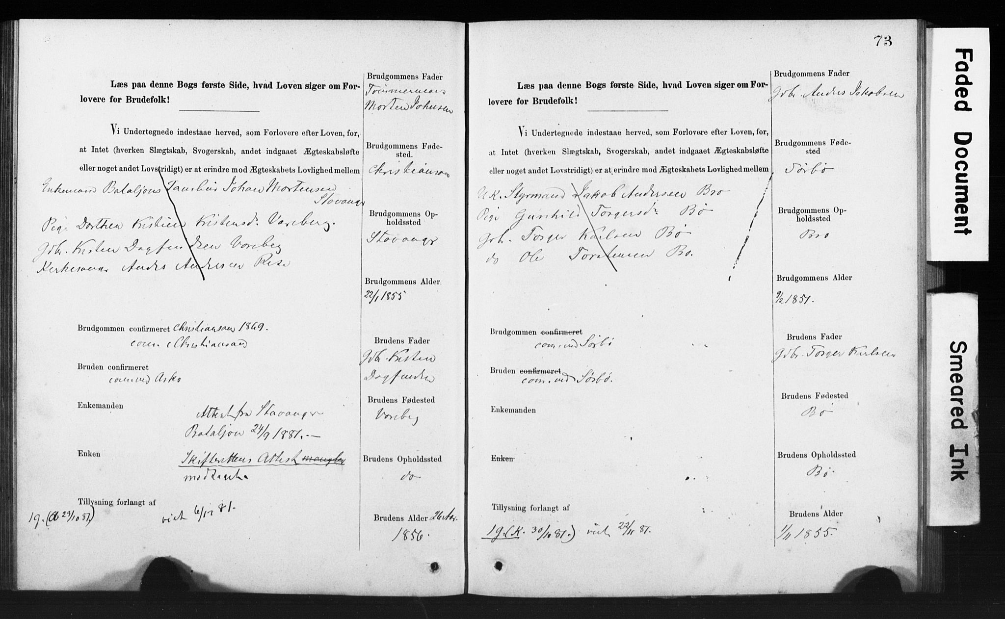 Rennesøy sokneprestkontor, SAST/A -101827/I/Ie/L0001: Banns register no. 1, 1873-1898, p. 73