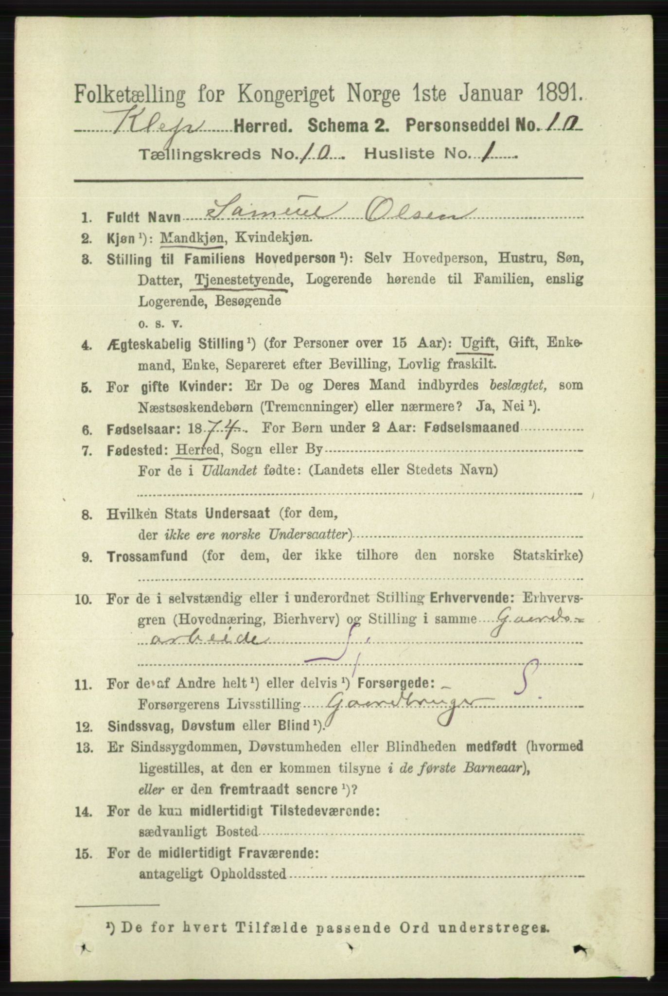 RA, 1891 census for 1120 Klepp, 1891, p. 2861