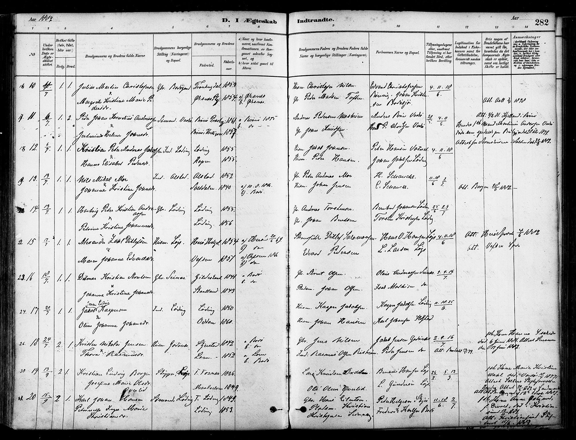 Ministerialprotokoller, klokkerbøker og fødselsregistre - Nordland, SAT/A-1459/802/L0054: Parish register (official) no. 802A01, 1879-1893, p. 282