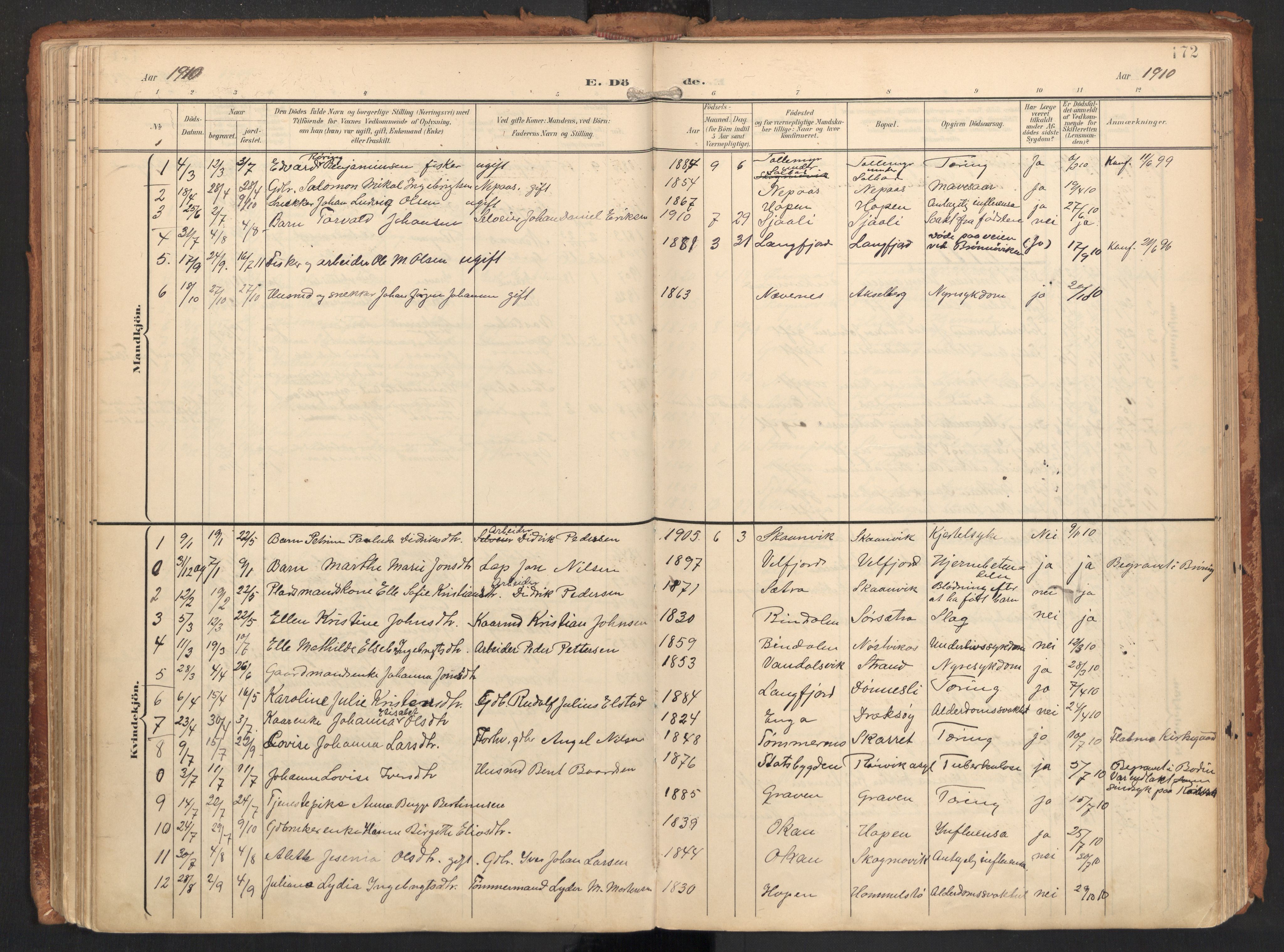 Ministerialprotokoller, klokkerbøker og fødselsregistre - Nordland, SAT/A-1459/814/L0227: Parish register (official) no. 814A08, 1899-1920, p. 172