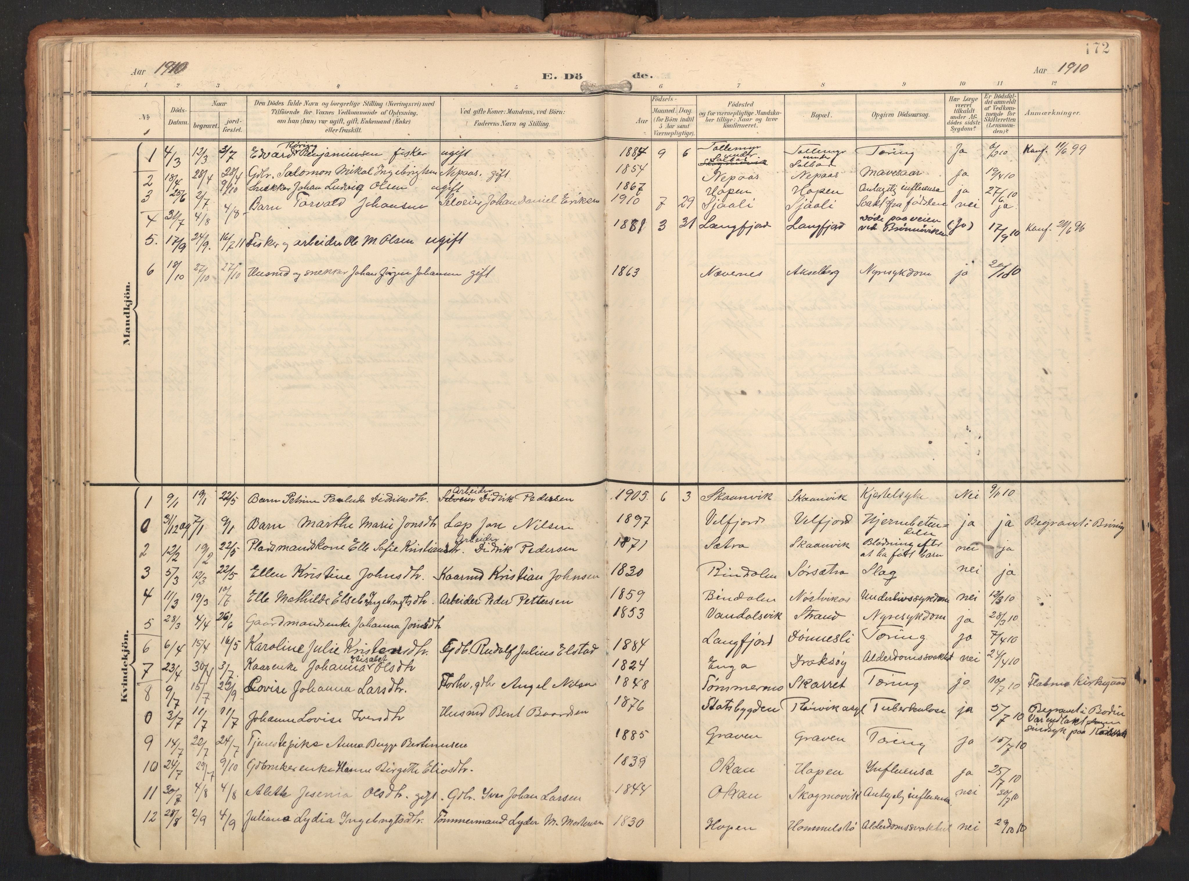 Ministerialprotokoller, klokkerbøker og fødselsregistre - Nordland, AV/SAT-A-1459/814/L0227: Parish register (official) no. 814A08, 1899-1920, p. 172