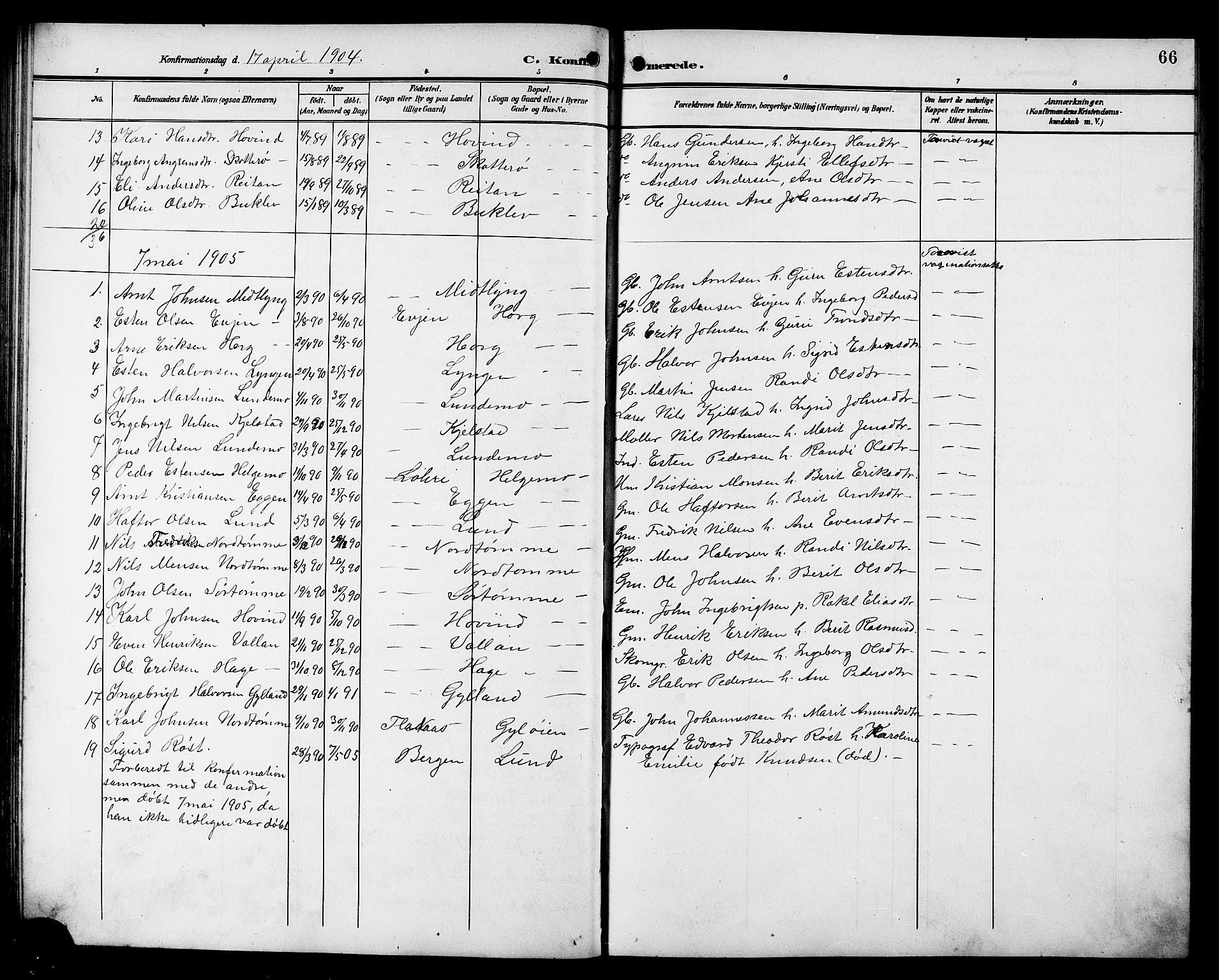 Ministerialprotokoller, klokkerbøker og fødselsregistre - Sør-Trøndelag, SAT/A-1456/692/L1112: Parish register (copy) no. 692C07, 1904-1918, p. 66