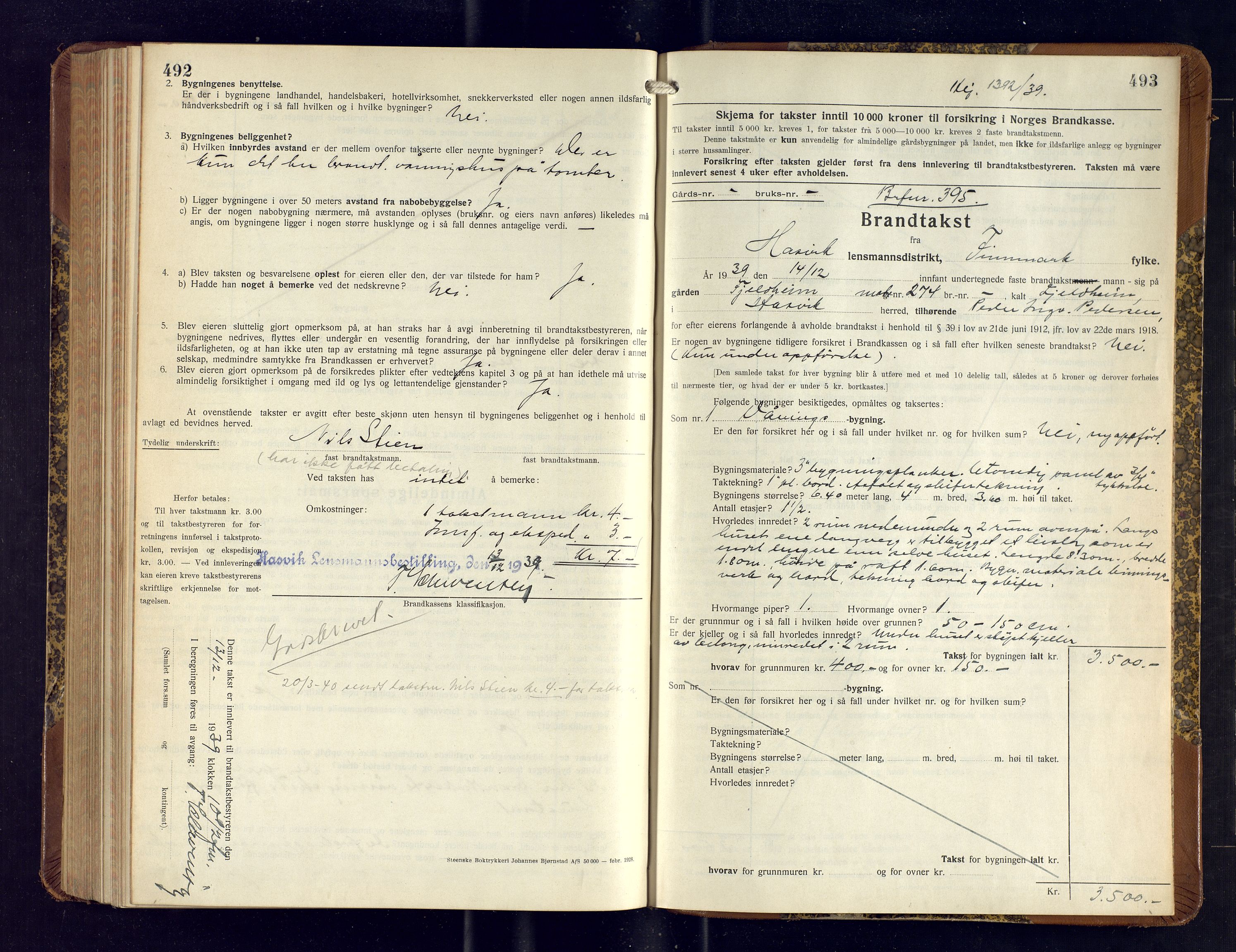 Hasvik lensmannskontor, AV/SATØ-SATO-164/Fob/L0009: Branntakstprotokoll, 1934-1939, p. 492-493