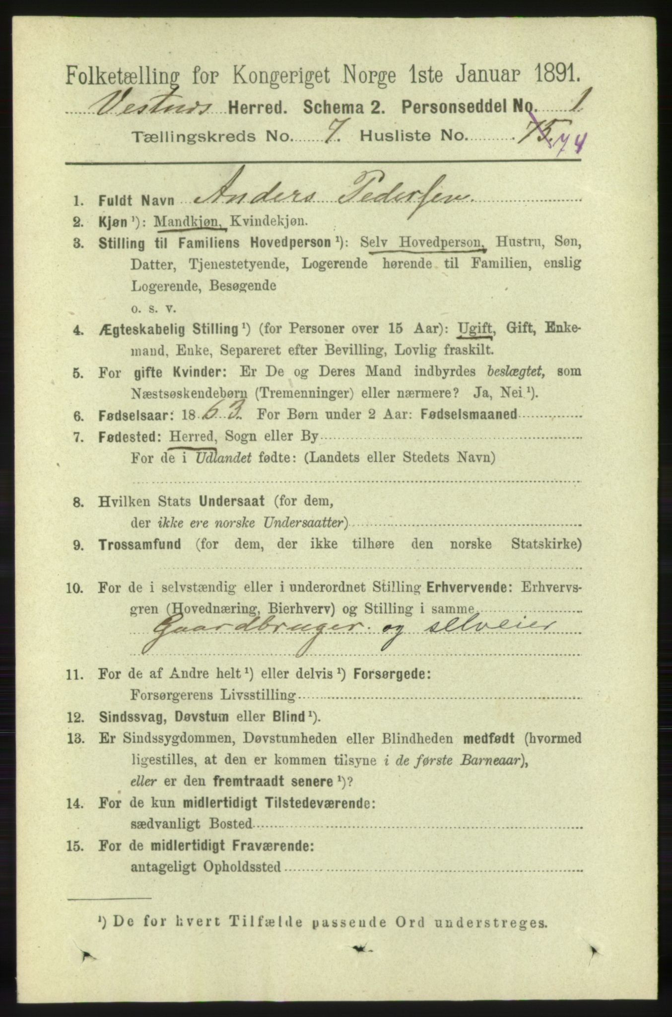 RA, 1891 census for 1535 Vestnes, 1891, p. 3113