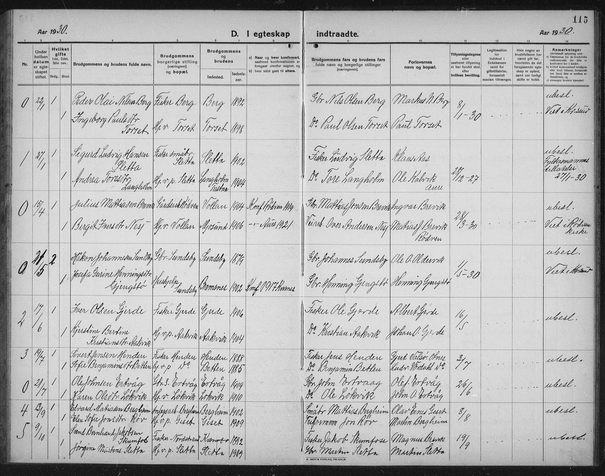 Ministerialprotokoller, klokkerbøker og fødselsregistre - Møre og Romsdal, AV/SAT-A-1454/578/L0911: Parish register (copy) no. 578C04, 1921-1940, p. 115