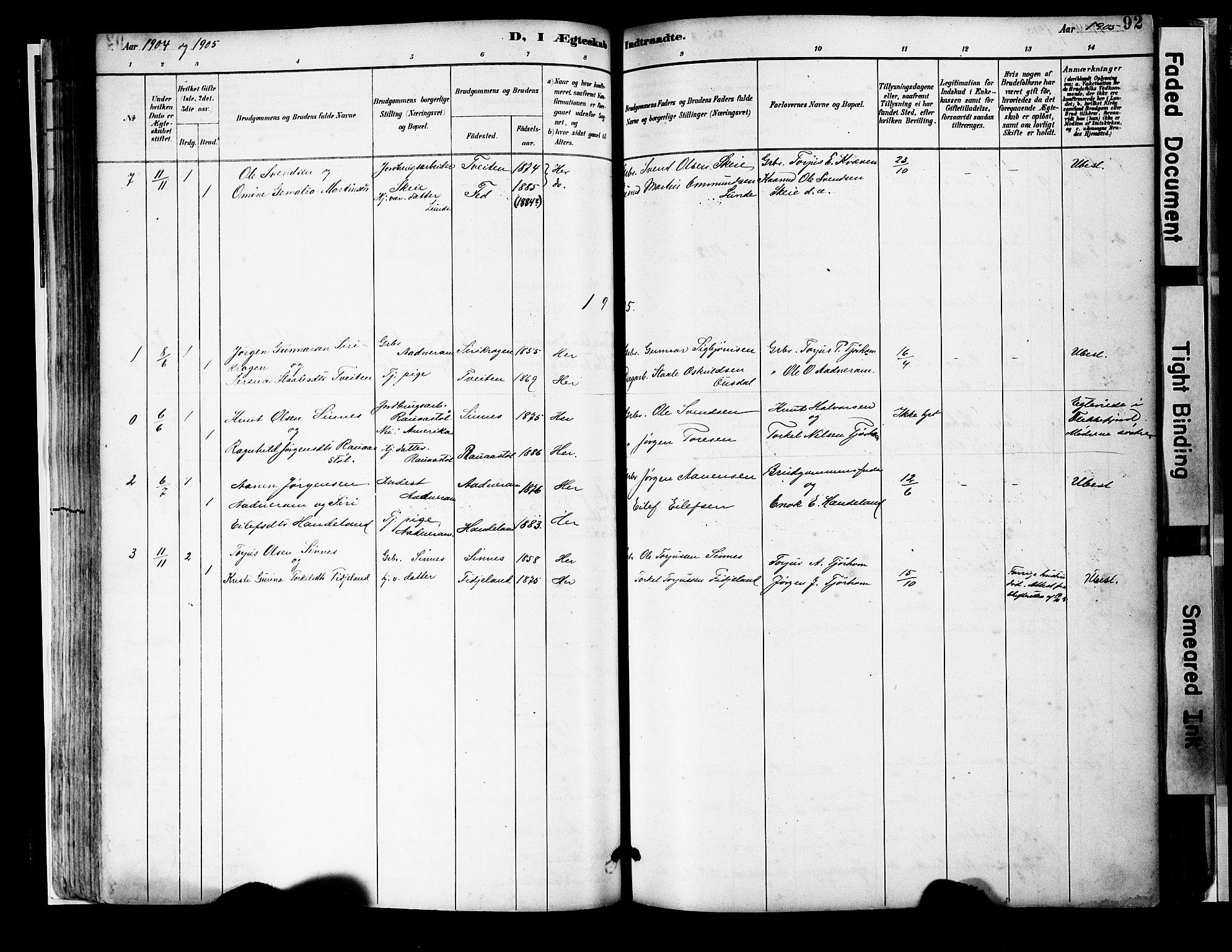 Sirdal sokneprestkontor, AV/SAK-1111-0036/F/Fa/Faa/L0001: Parish register (official) no. A 1, 1887-1910, p. 92