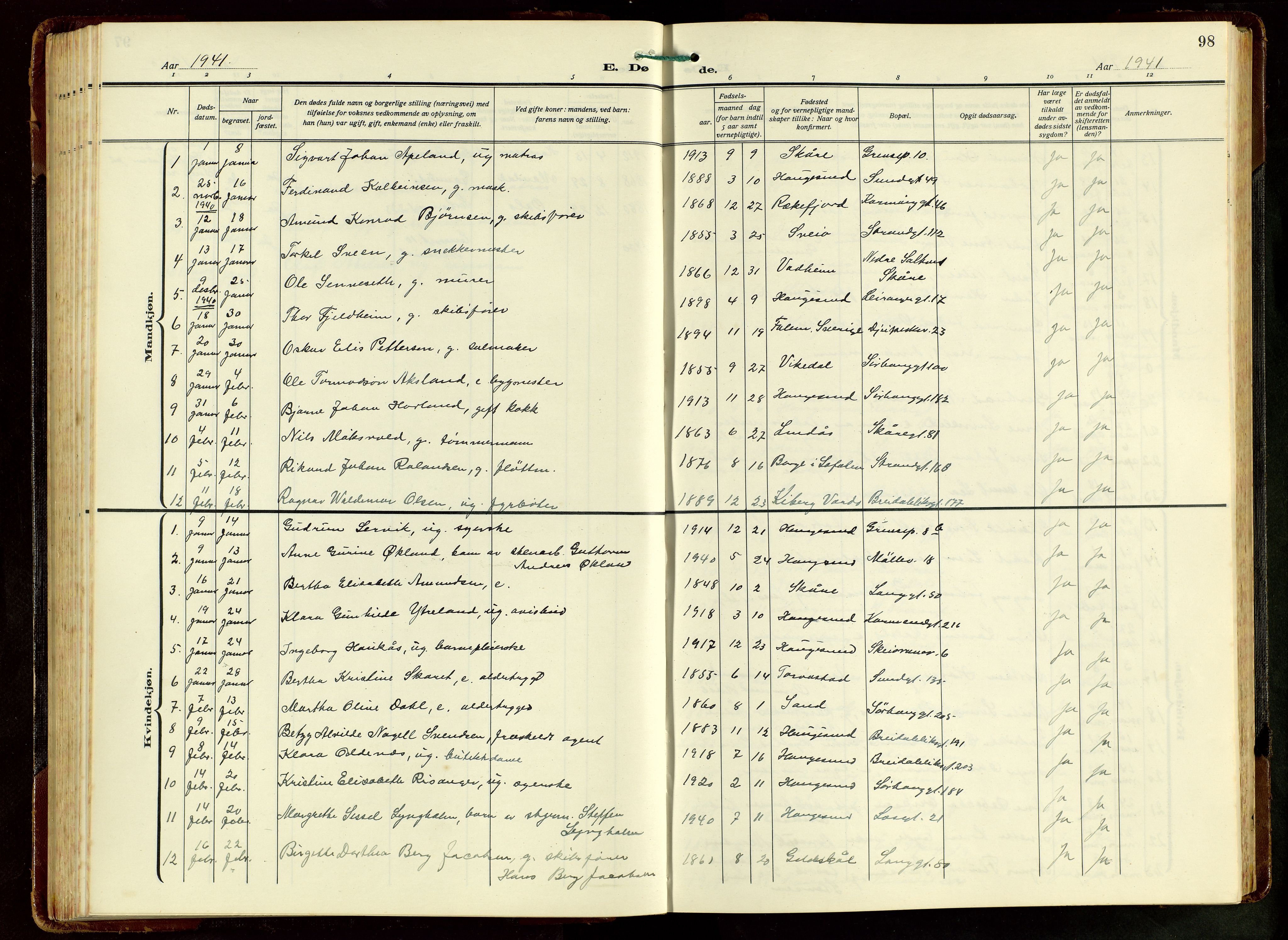 Haugesund sokneprestkontor, SAST/A -101863/H/Ha/Hab/L0012: Parish register (copy) no. B 12, 1930-1958, p. 98