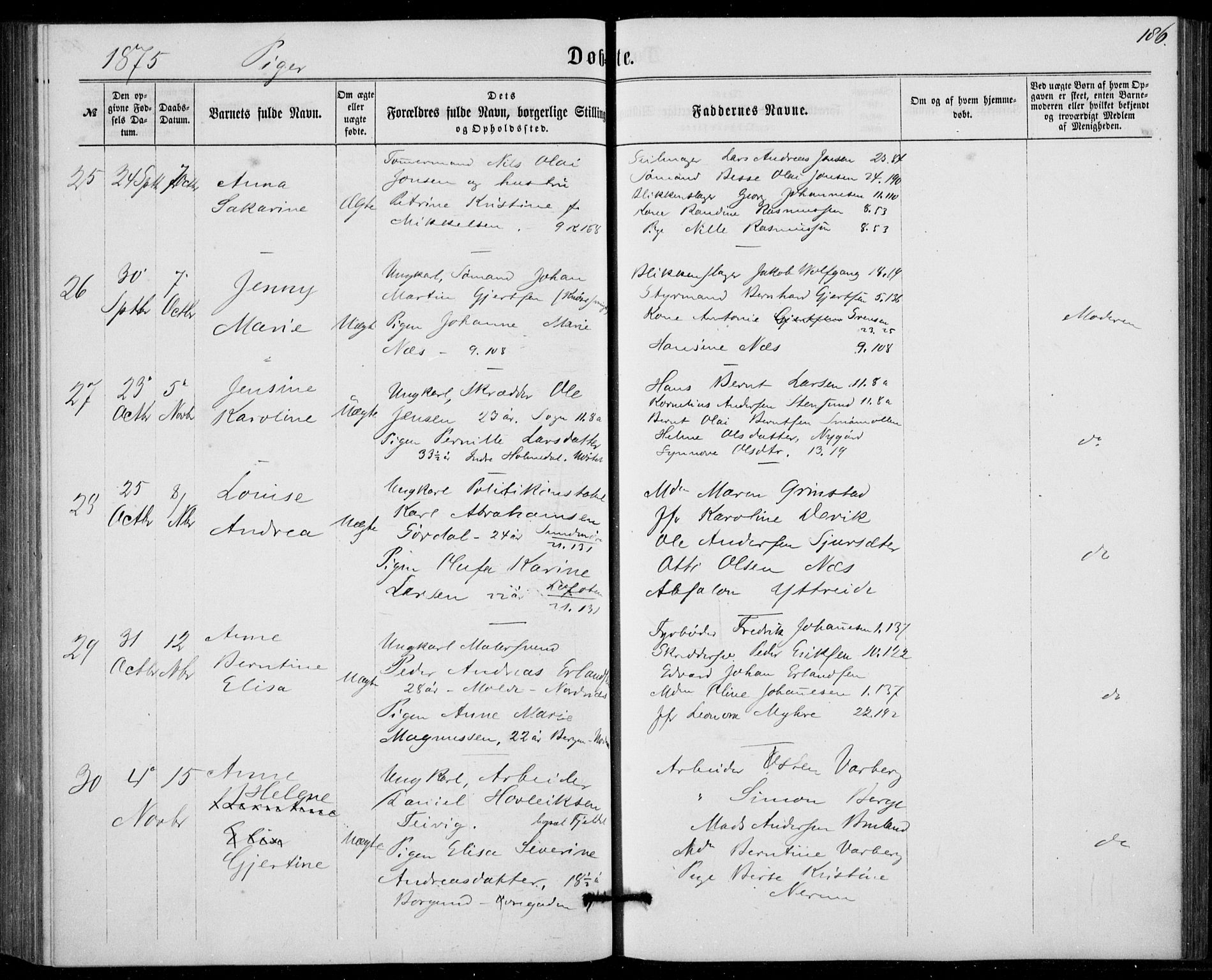 Fødselsstiftelsens sokneprestembete, ført av overlegen*, SAB/-: Parish register (official) no. A 1, 1863-1883, p. 186