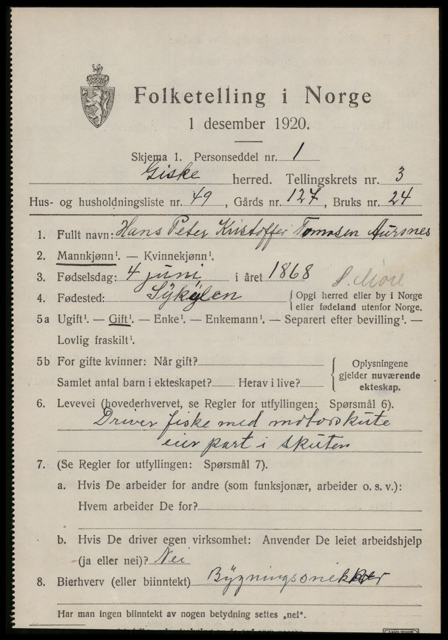 SAT, 1920 census for Giske, 1920, p. 2508