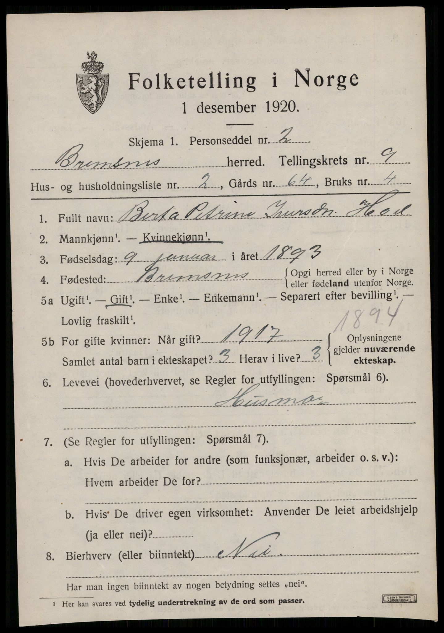 SAT, 1920 census for Bremsnes, 1920, p. 7835