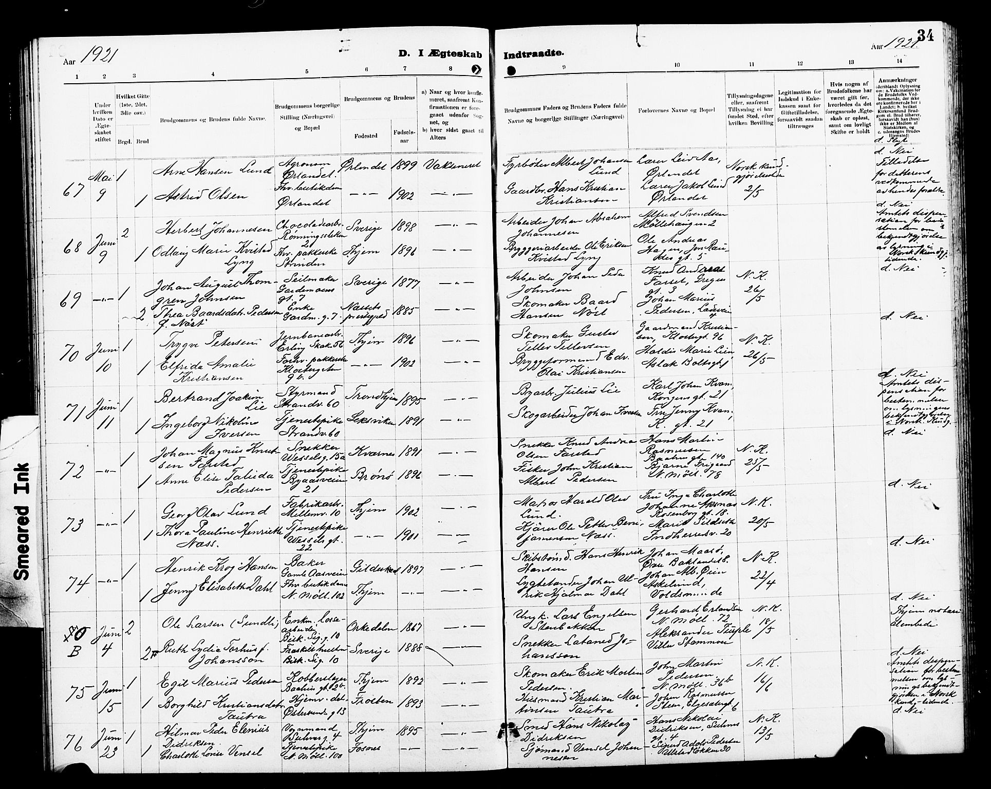 Ministerialprotokoller, klokkerbøker og fødselsregistre - Sør-Trøndelag, SAT/A-1456/605/L0257: Parish register (copy) no. 605C04, 1916-1922, p. 34