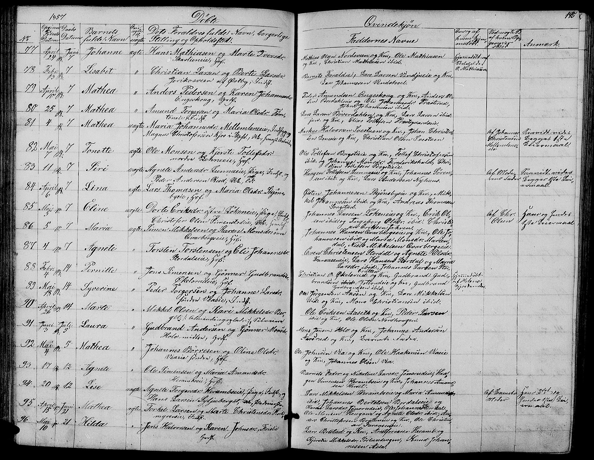 Ringsaker prestekontor, AV/SAH-PREST-014/L/La/L0006: Parish register (copy) no. 6, 1851-1860, p. 145