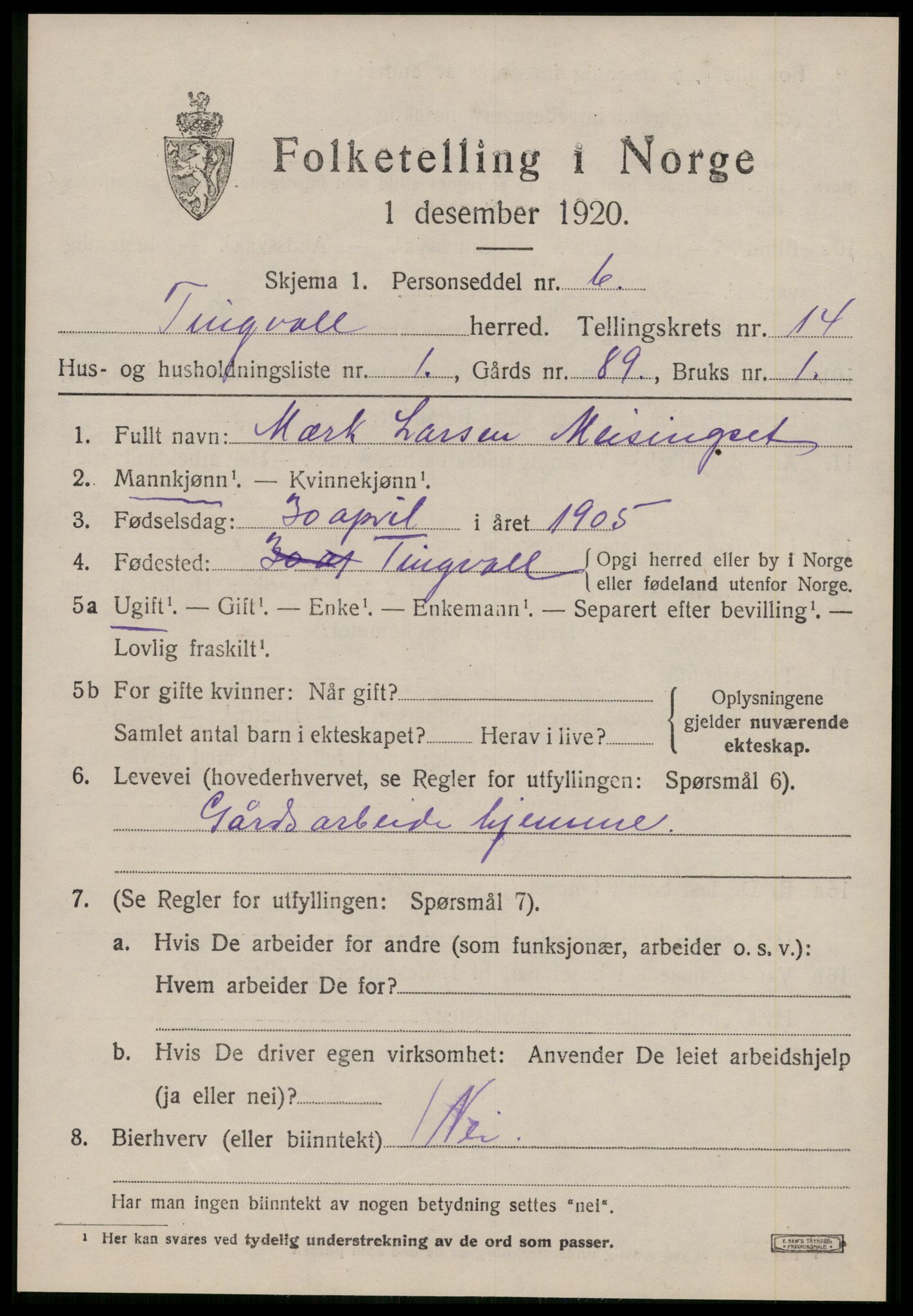 SAT, 1920 census for Tingvoll, 1920, p. 6986