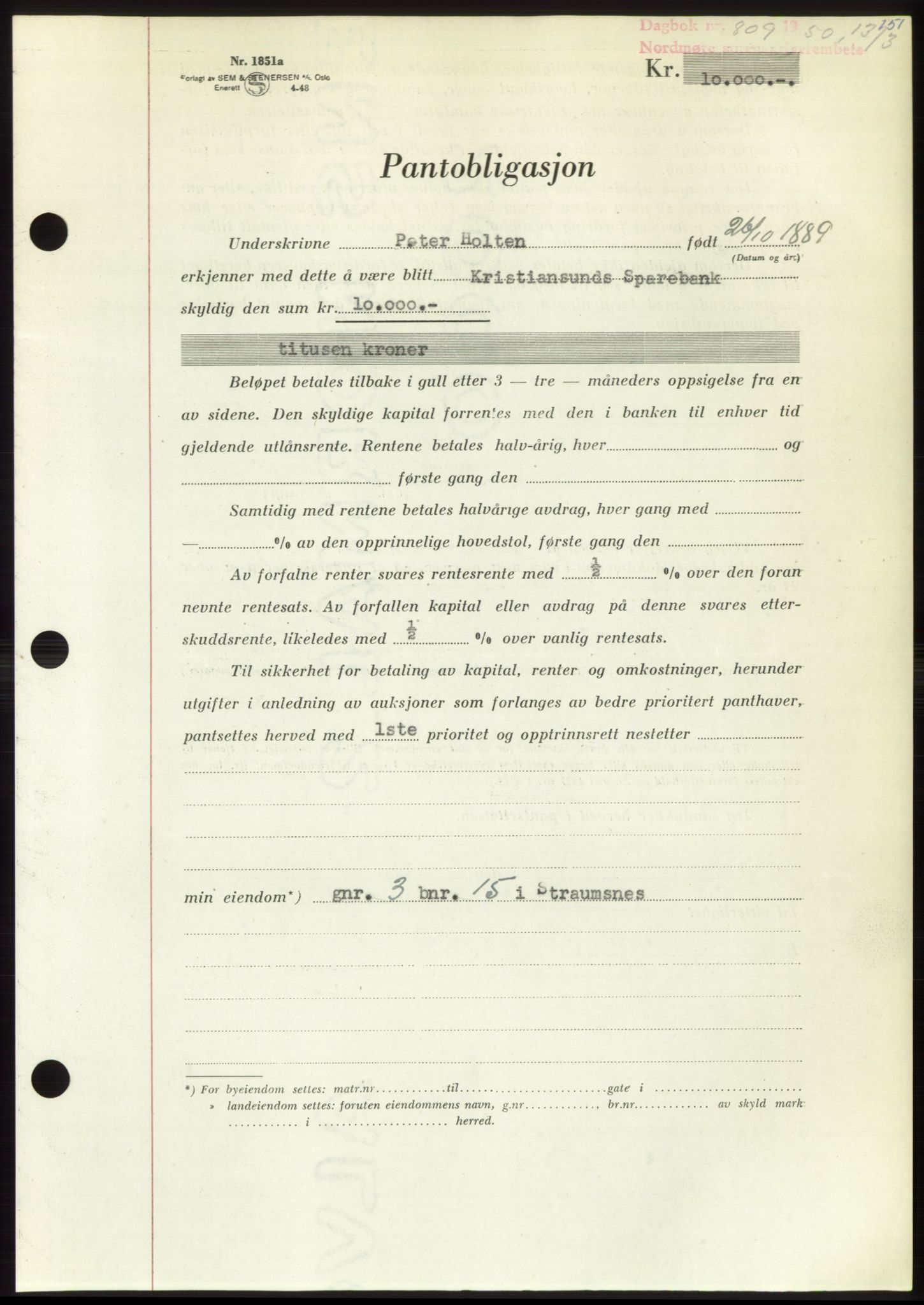 Nordmøre sorenskriveri, AV/SAT-A-4132/1/2/2Ca: Mortgage book no. B104, 1950-1950, Diary no: : 809/1950