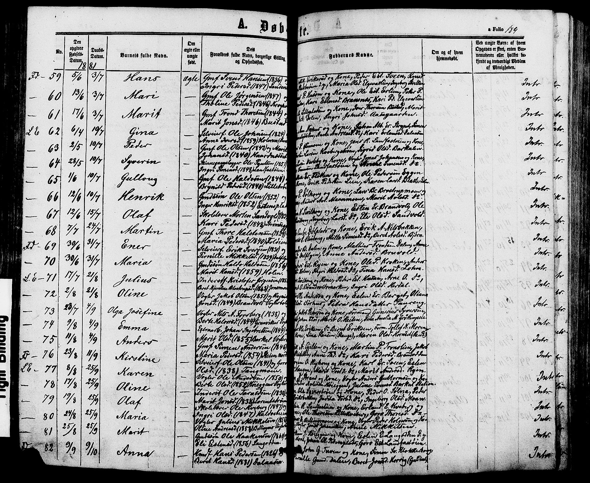 Alvdal prestekontor, AV/SAH-PREST-060/H/Ha/Haa/L0001: Parish register (official) no. 1, 1863-1882, p. 189