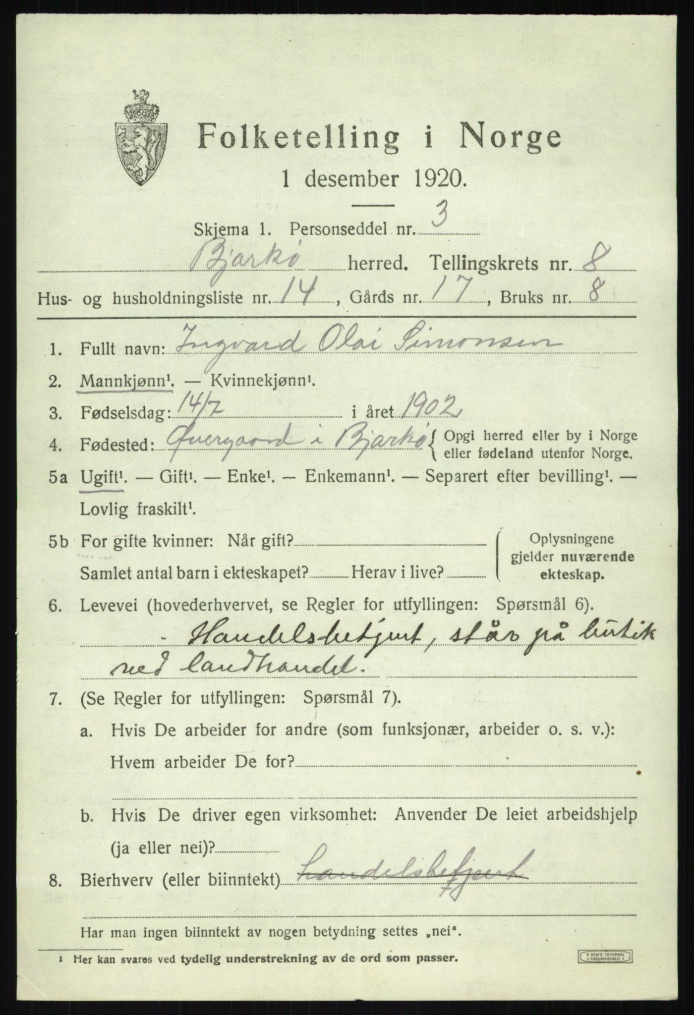 SATØ, 1920 census for Bjarkøy, 1920, p. 3559