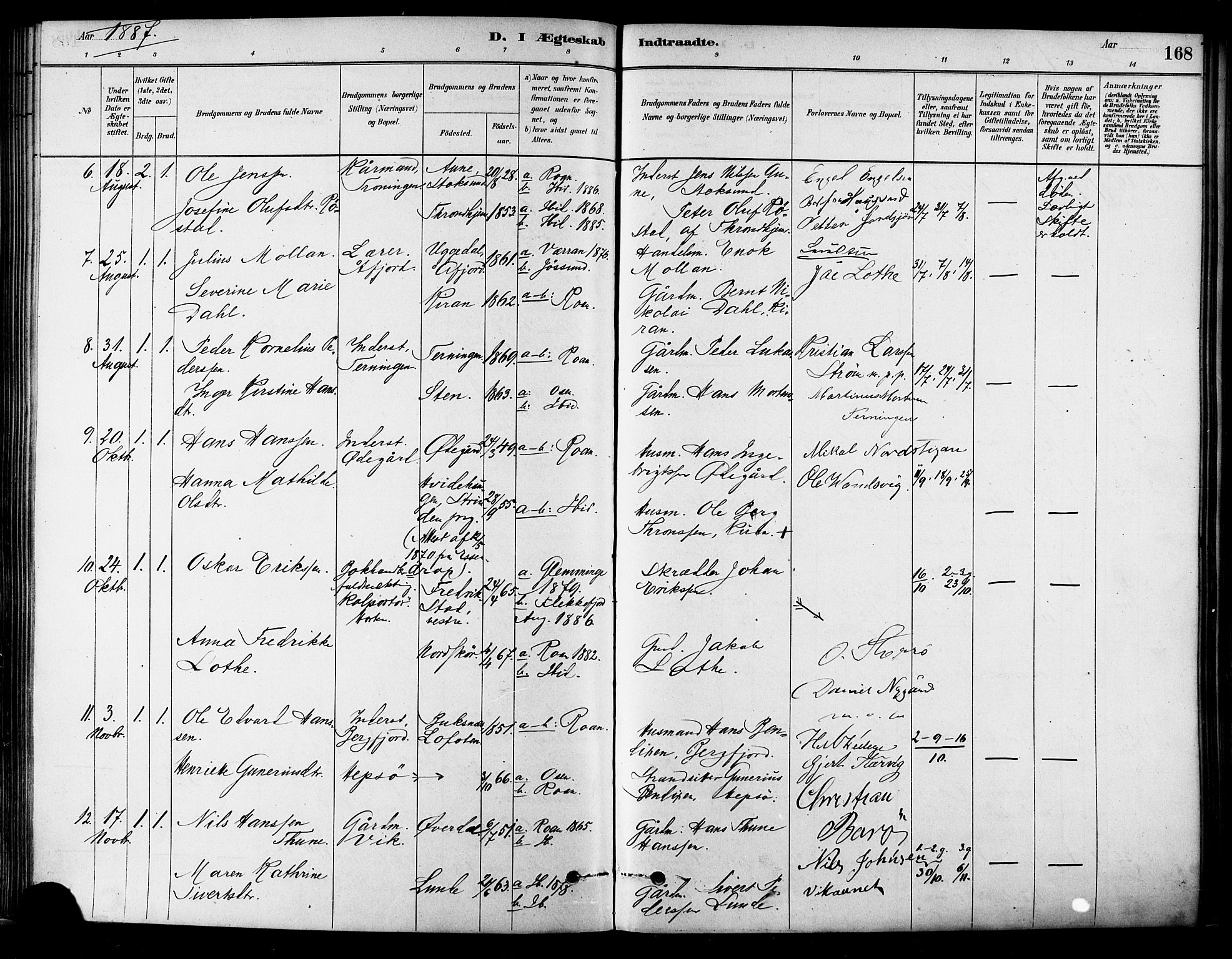 Ministerialprotokoller, klokkerbøker og fødselsregistre - Sør-Trøndelag, SAT/A-1456/657/L0707: Parish register (official) no. 657A08, 1879-1893, p. 168