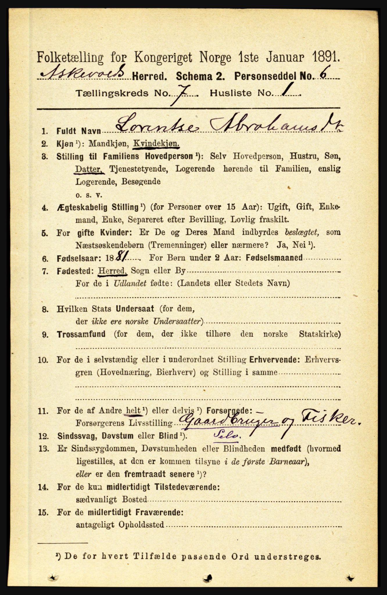 RA, 1891 census for 1428 Askvoll, 1891, p. 1890