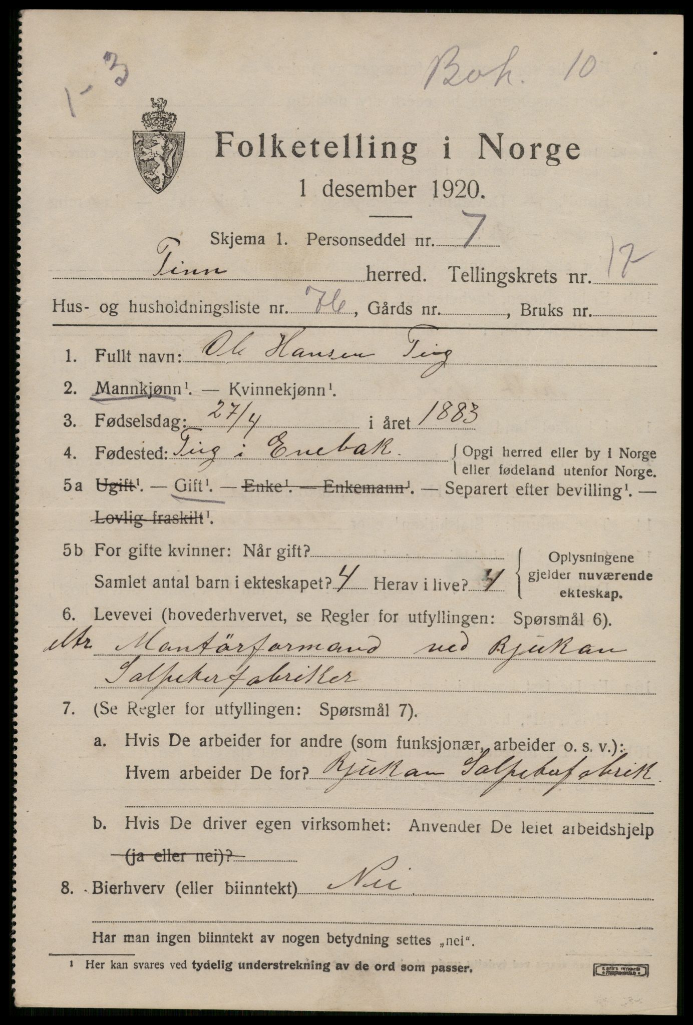 SAKO, 1920 census for Tinn, 1920, p. 20410