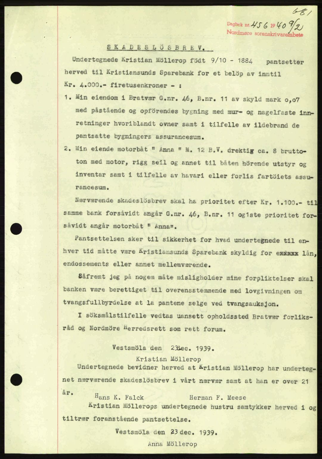 Nordmøre sorenskriveri, AV/SAT-A-4132/1/2/2Ca: Mortgage book no. B86, 1939-1940, Diary no: : 456/1940