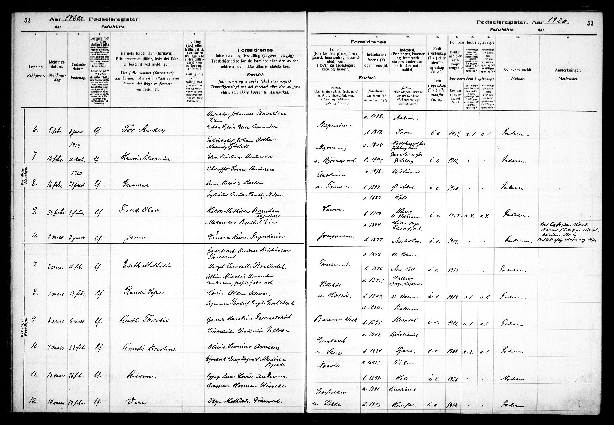 Vestre Bærum prestekontor Kirkebøker, AV/SAO-A-10209a/J/L0001: Birth register no. 1, 1916-1926, p. 53