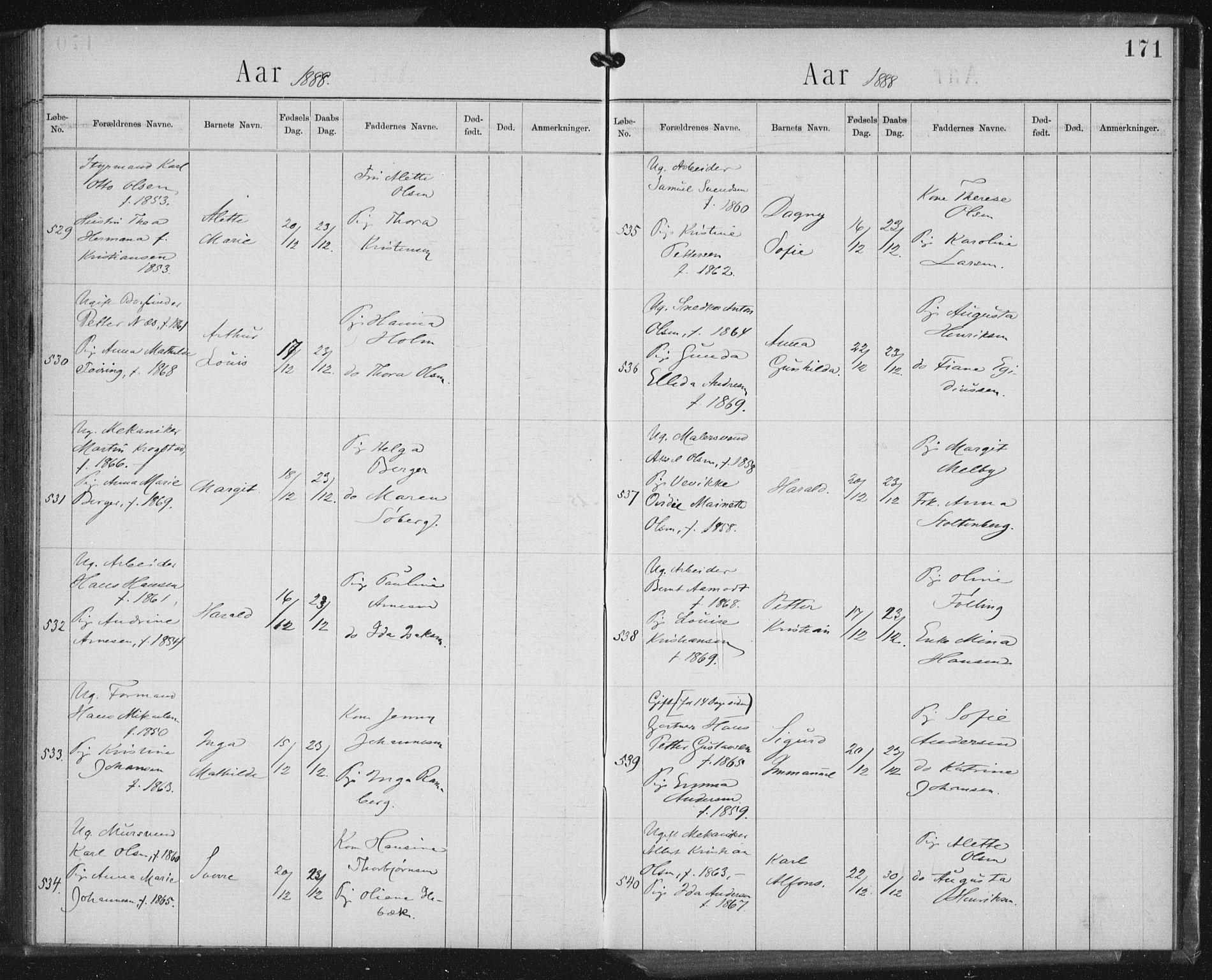 Rikshospitalet prestekontor Kirkebøker, AV/SAO-A-10309b/K/L0003/0002: Baptism register no. 3.2, 1884-1889, p. 171