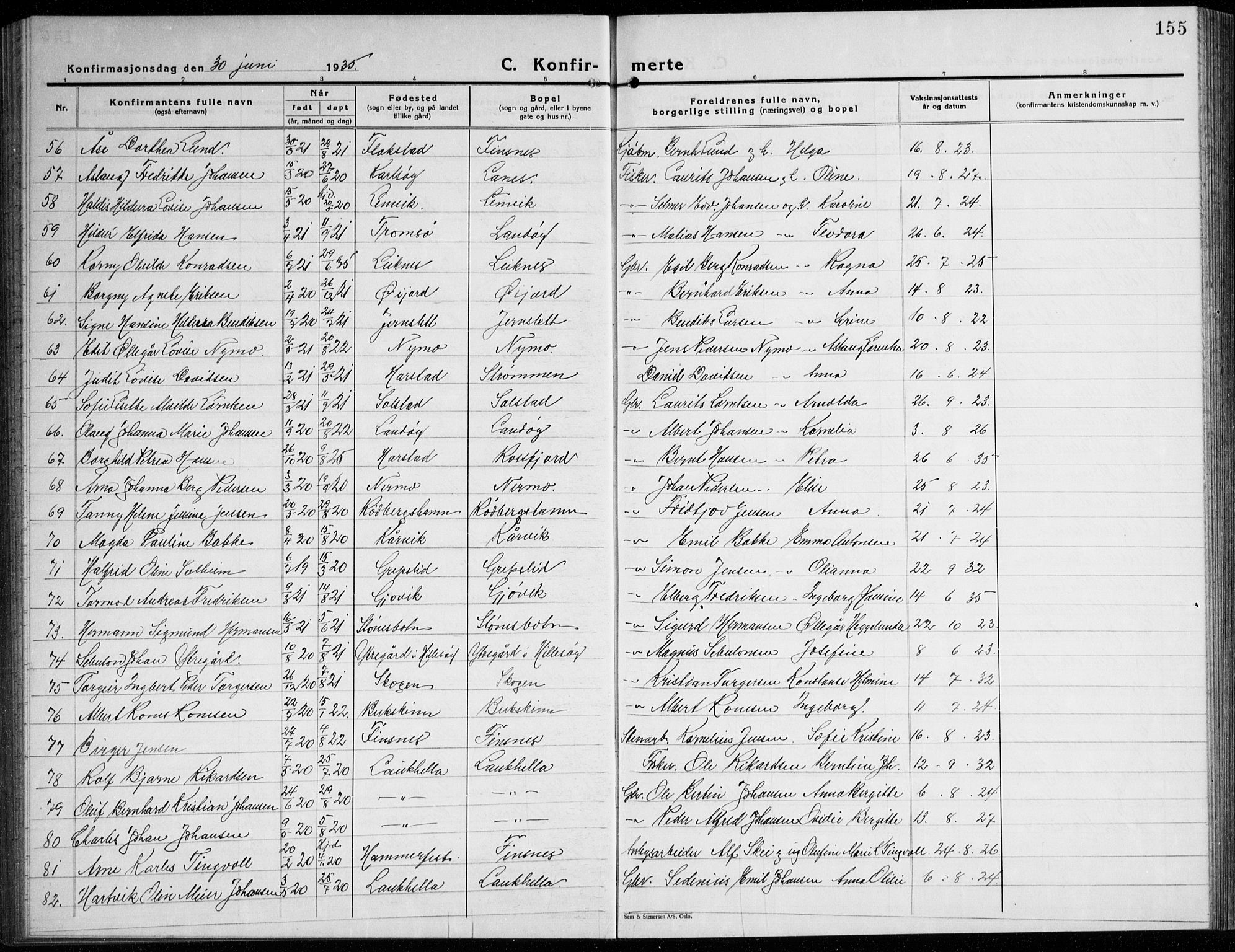 Lenvik sokneprestembete, AV/SATØ-S-1310/H/Ha/Hab/L0010klokker: Parish register (copy) no. 10, 1927-1945, p. 155