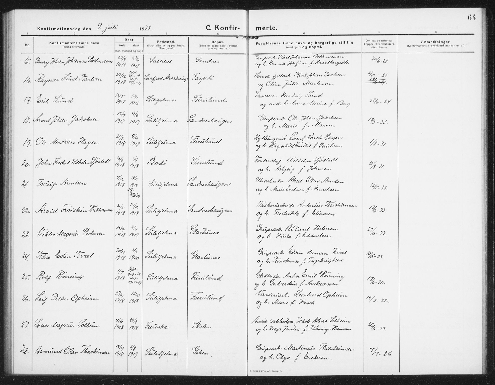 Ministerialprotokoller, klokkerbøker og fødselsregistre - Nordland, SAT/A-1459/850/L0717: Parish register (copy) no. 850C01, 1915-1941, p. 64